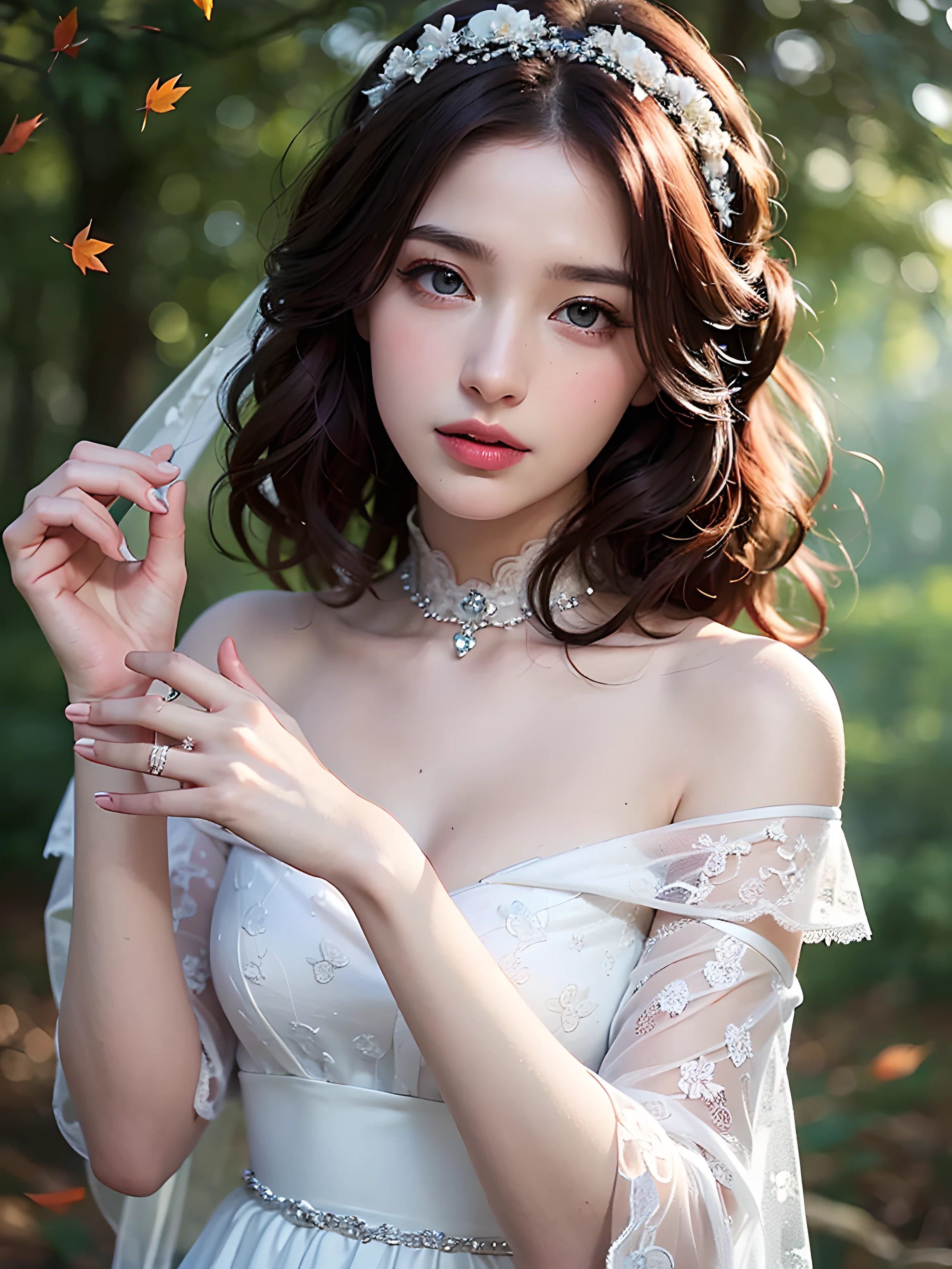 Best quality, masterpiece, ultra high res, (photorealistic:1.4), raw photo, 1girl, offshoulder, in the dark, deep shadow, low key, cold light, (masterpiece), (portrait), (aesthetic), (beautiful), (upper blody), (high quality), (aesthetic clothings), (professional angle), (rule of thirds), (Feminine), (woman), (female), (beautiful),(feminine features), (21 years), solo, 1 woman, (attractive Irish), Autumn, (Falling Leaves), (Evening), (Soft light), ((Celtic Wedding)), (Hands clasped Hands), ((Looking Forward Face)), ((Enchanting)), (Natural Make-up), (Petite Bust), (Claddagh Ring), ((Medium Hair)), (Red Hair), (Curly Hair), (Half-Updo hair), (Veil in Hair), (Softly Closed Eyes), (Blue Eyes), (Romantic Look), Fair skin, (delicate Clothing), (Lace Dress), (wedding dress), (Flowing Skirt ), (Off-shoulder Neckline), ((Mystical Forest background)), (Close-up Shot Shot), beautiful hands, two hands, normal hands, two arms, complete hands, beautiful body, beautiful fingers, normal fingers, five fingers, five fingers, beautiful ears, normal ears, beautiful eyes, shiny eyes, beautiful mouth, beautiful lips,