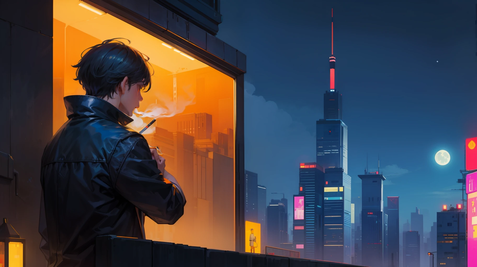 pixelart 2d lonely man smoking cigarette next window while looking moon pixel art cyberpunk style city lights futuristic city hd super detailed 2d