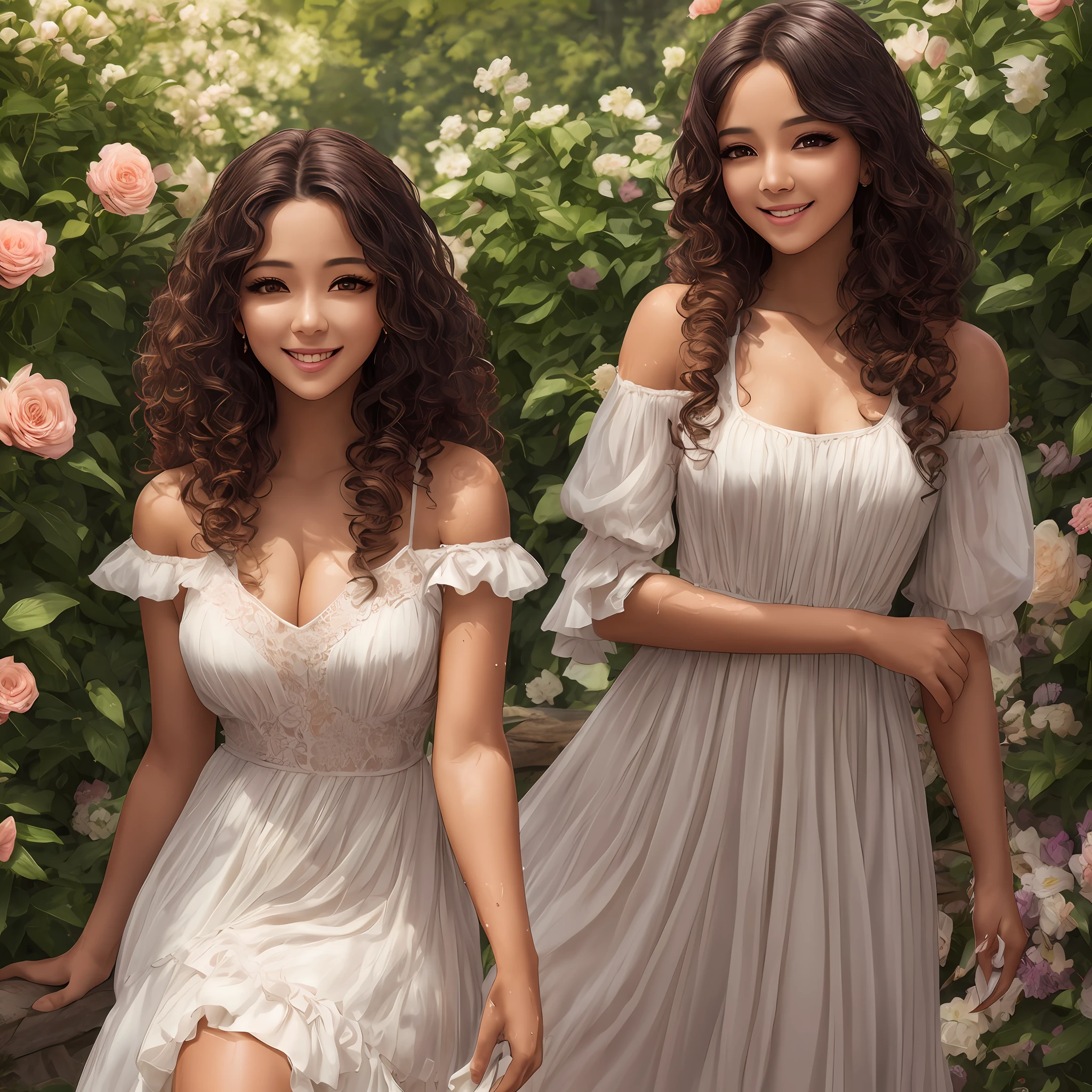Brown woman, sweet smile, penetrating look, realistic, high quality, in a flowery garden, 4k, long flowery dress, sexy, curly brown hair, brown eyes, wet hair, fleshy mouth --auto