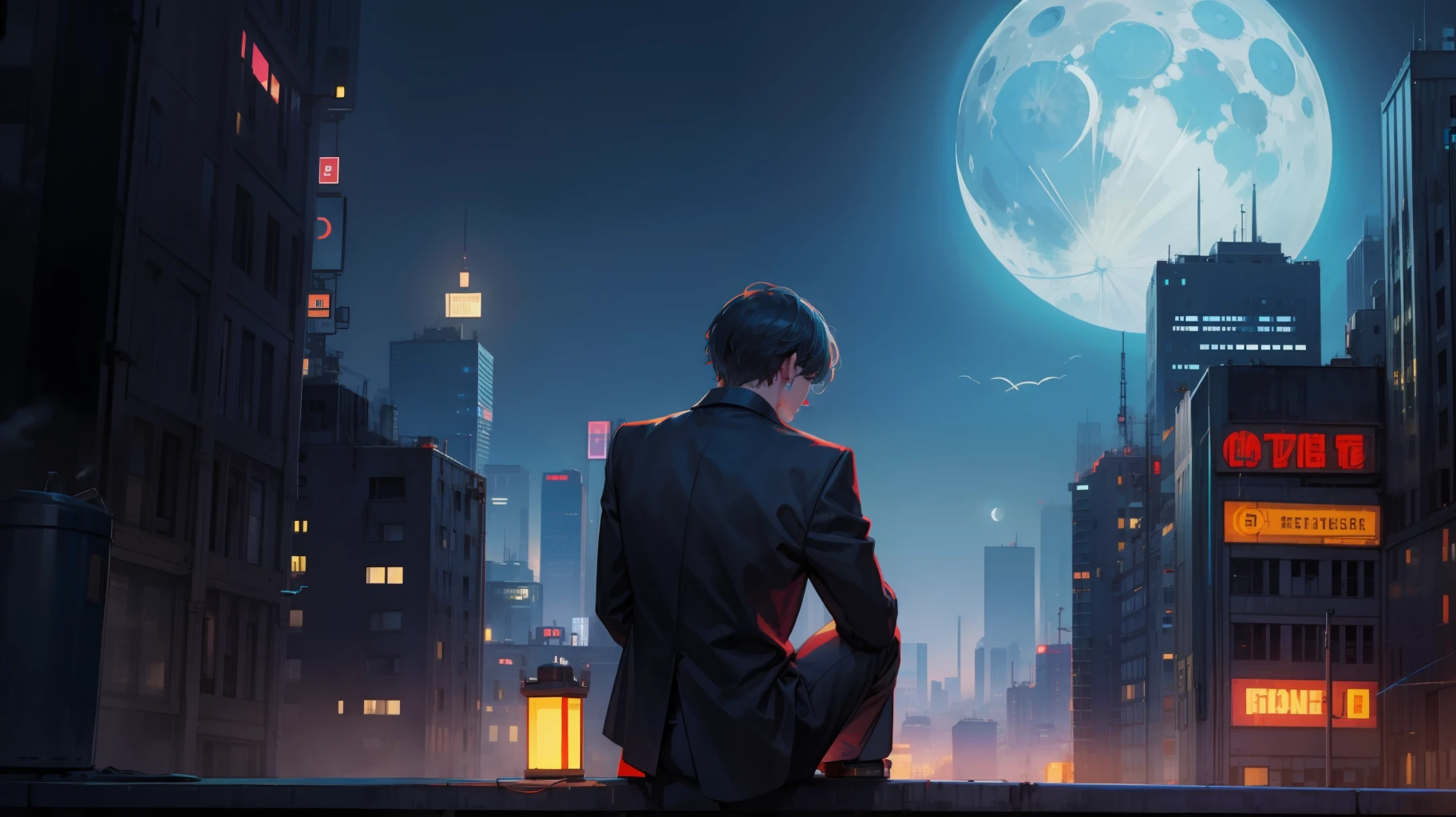 lonely man smoking cigarette CLOSE VIEW pixel art cyberpunk style city lights futuristic city, man at window looking the moon hd super detailed 2d