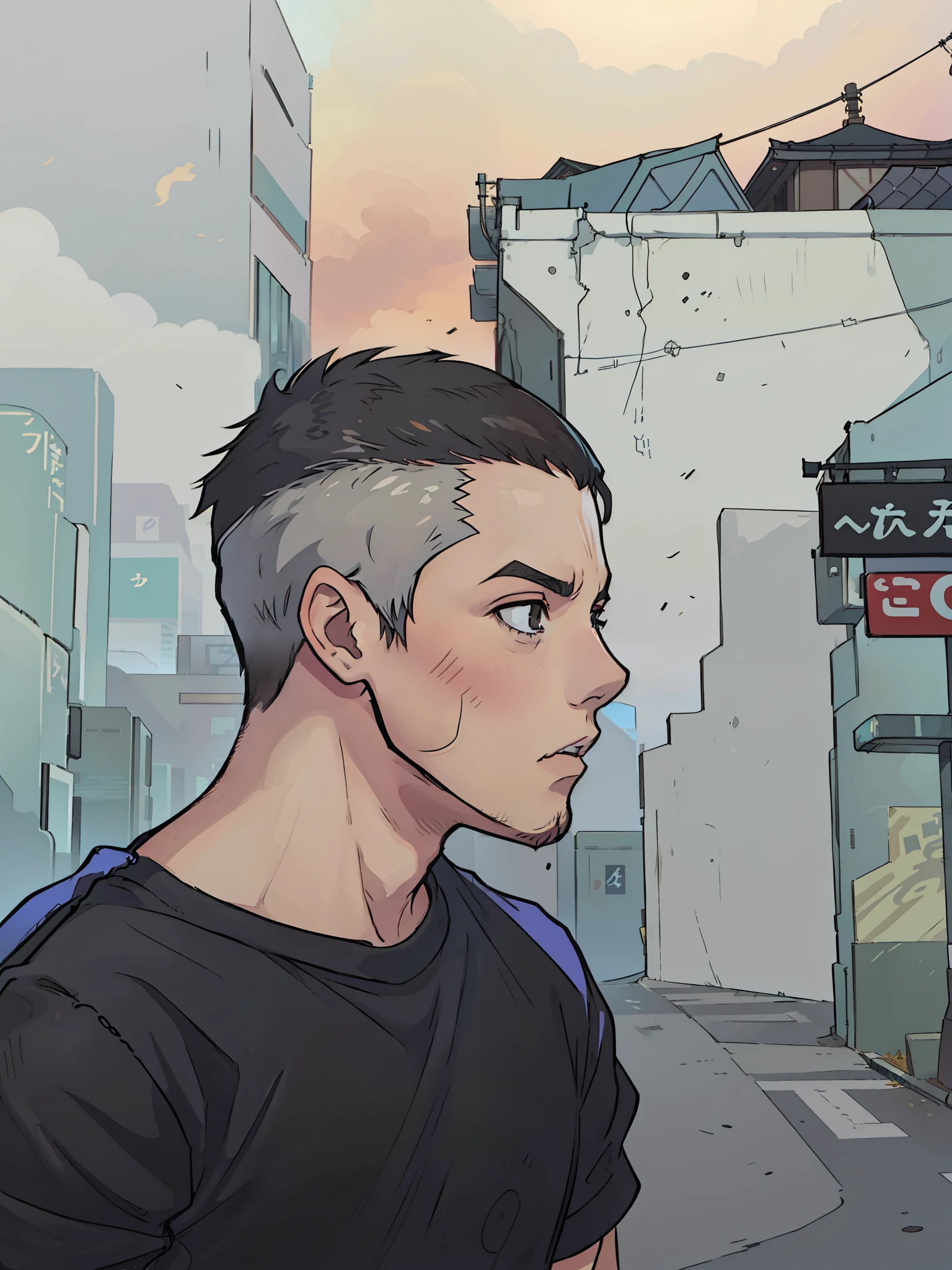 A 20-year-old boy with a Brazilian face and round chin without a beard, short hair, a crop haircut, black eyes, no pimples on his face and a black T-shirt with a Japanese print, is in an alley of the streets of Tokyo, cyberpunk style scenario, 4k, anime 2d