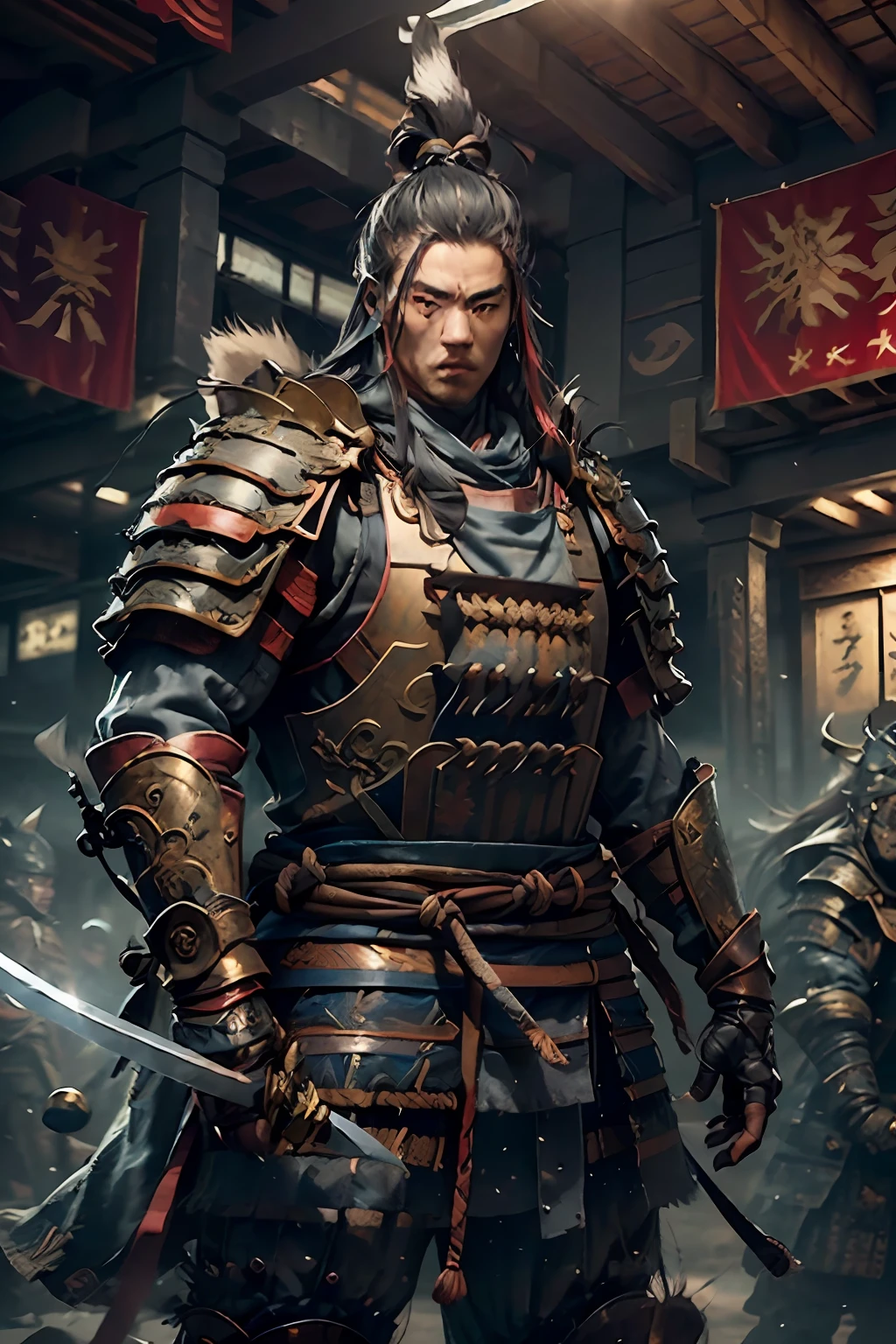 ((masterpiece))), (((best quality))), ((ultra-detailed)), (hyper-realistic), (highly detailed CG illustration), cinematic light, photorealistic, man ((Ninja)) Extremely agile warrior, fitness, intricate eaba detailed, black ninja outfit, two swords