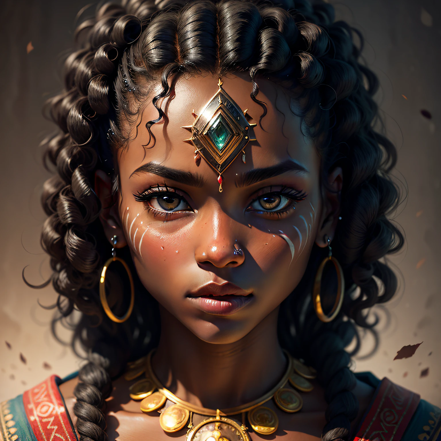 masterpiece,fotorealista,black skin,ebony,curly hair,portrait,closeup on the face, beautiful face, beautiful eyes,tribal makeup, black hair --auto