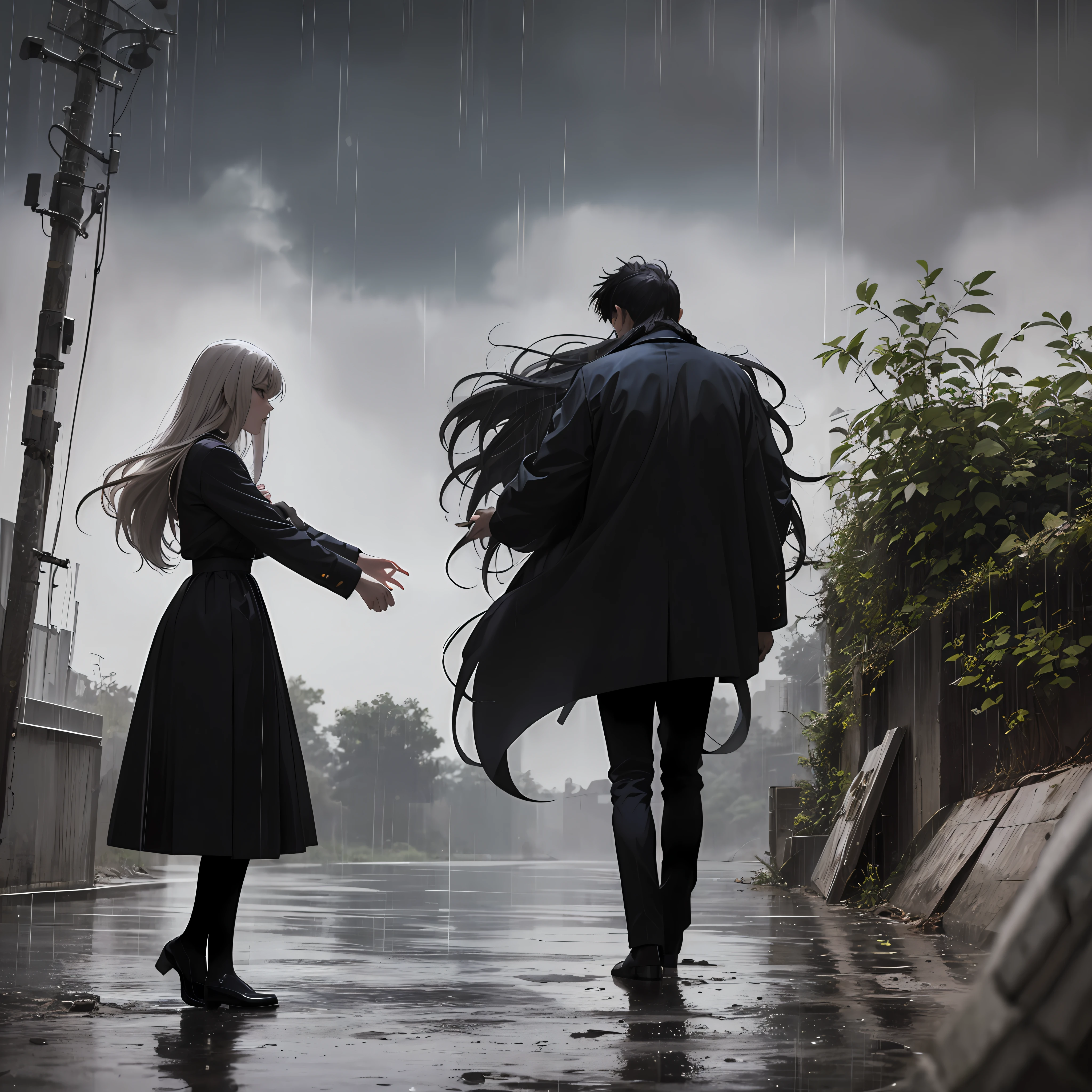 Mostly 1girl,girl in funeral suit(black),[long outfit], (sad:1.2),(full body), [crouched,raised],in front big black wolf;one Wolf;wolf(sitting in front)) of the girl, ((emphasis on side view:1.3)), left angle;((dimension 2d)), heavy rain, cinematic filter, details to the extreme, superior quality, morbid scene, epic scene, (((anime style))),Conceptual art, morbid,  extremely fluid trace, soft focus, raining, heavy rain --auto