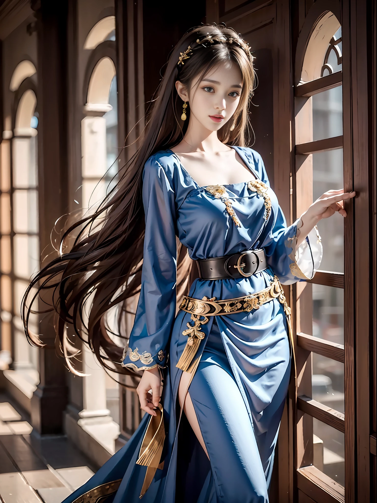 Best quality, best lighting, superb photo, best texture, silver blue flowing long hair, simple braided hair, sensual intellectual cool temperament beauty, red long dress, low-cut tucked outer skirt, ferret hair embellishment, gold exquisite belt, perfect body, pointed long and exquisite hair accessories, sense of atmosphere