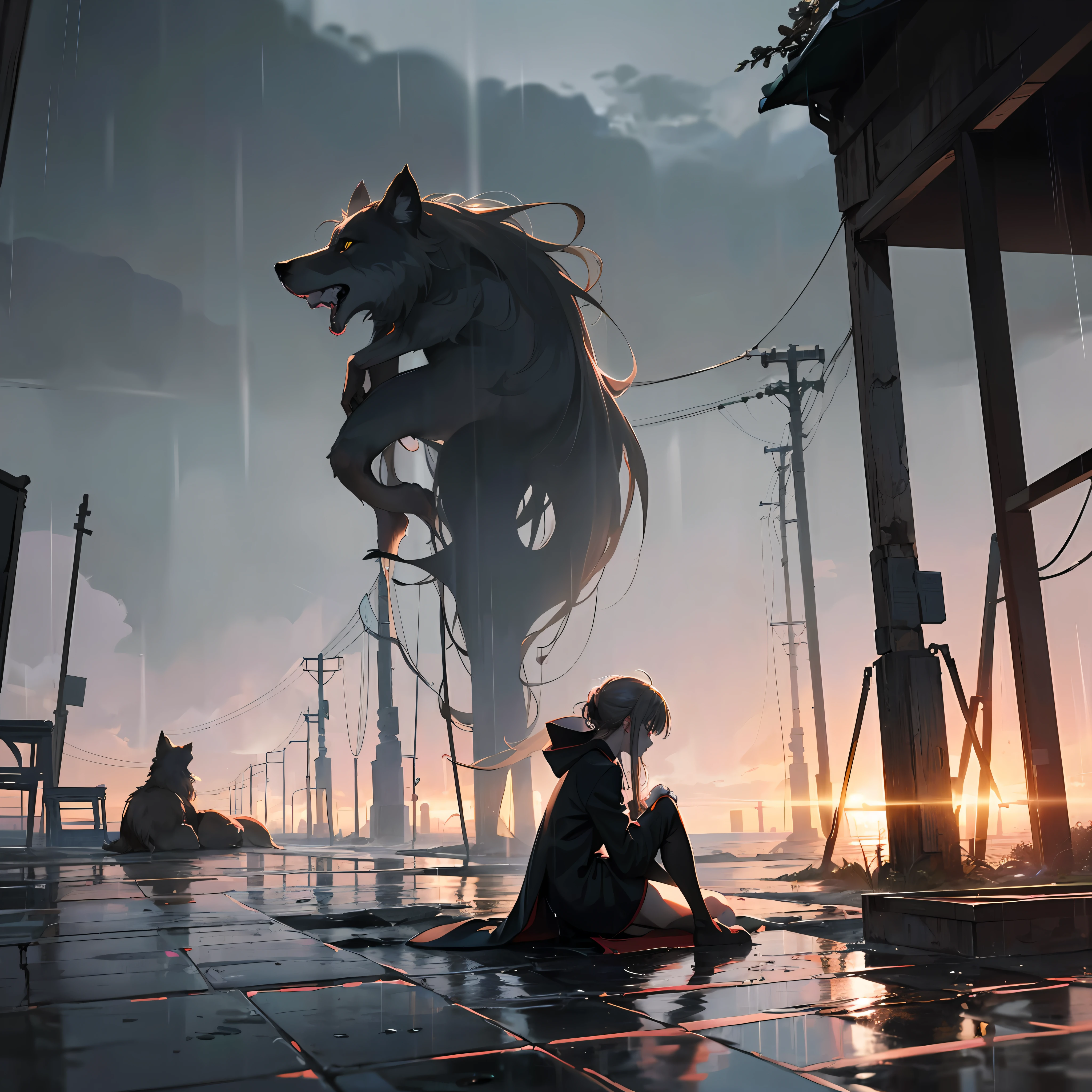 Mostly 1girl,girl in funeral suit(black),[long outfit], (sad:1.2),(full body), [crouched,raised],in front big black wolf;one Wolf;wolf(sitting in front)) of the girl, ((emphasis on side view:1.3)), left angle;((dimension 2d)), heavy rain, cinematic filter, details to the extreme, superior quality, morbid scene, epic scene, (((anime style))),Conceptual art, morbid,  extremely fluid trace, soft focus, raining, heavy rain --auto