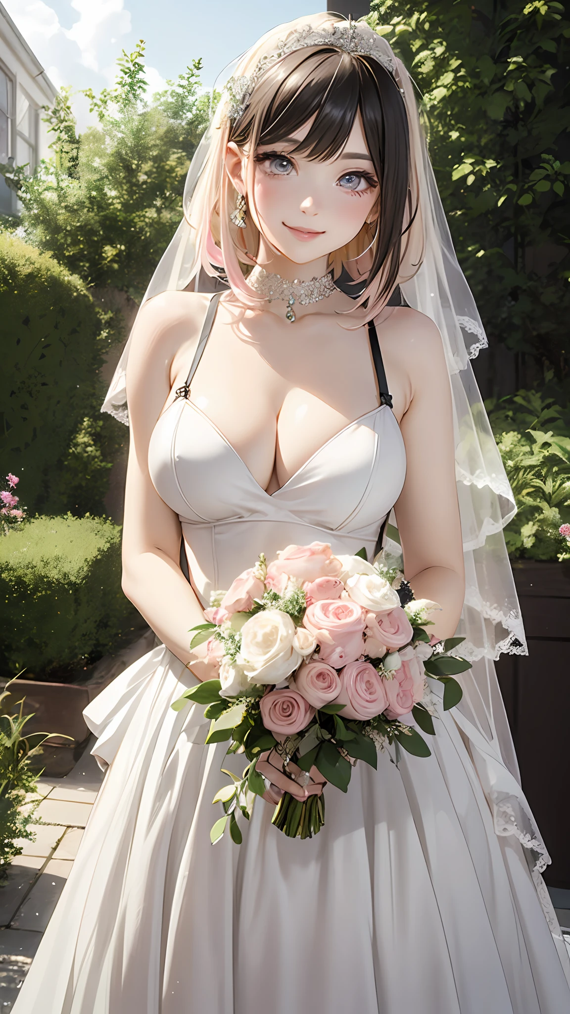 1 girl, big, light smile, (wedding dress: 1.3), outdoors, garden, blush, cleavage,