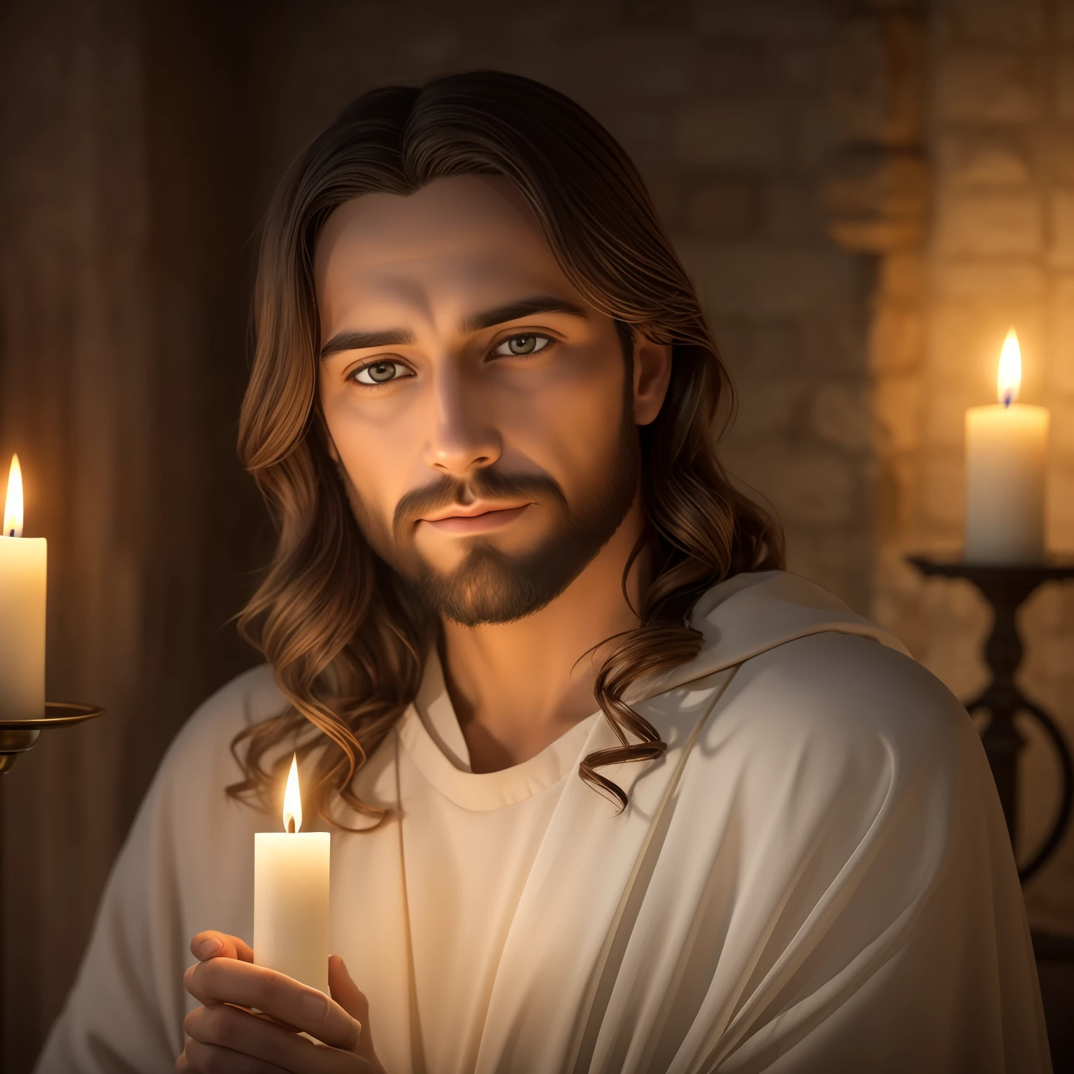 photo of Jesus, in biblical times Jesus, Photorealistic clear environment, full face, looking at the Camera, quiet eyes, serene and loving face, sweet look, is with lights in the background, The whole environment is clear, Photo taken by Bust, realistic, ultra-realistic, image of a candle lights highlighting the bright flame.