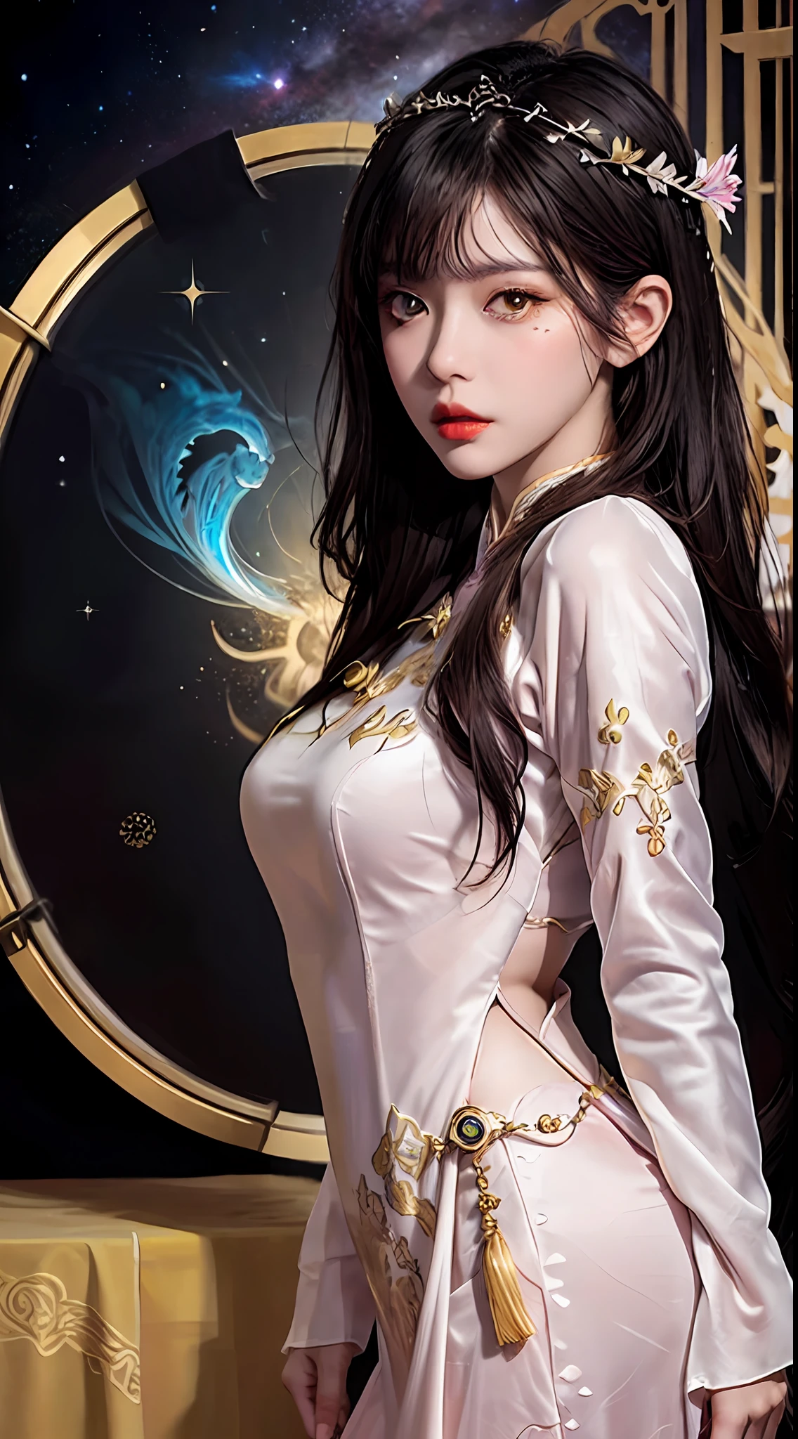 1 27-year-old girl, 1 zodiac goddess from the future, goddess of the pink and purple 12 zodiacs, the goddess of the zodiac in a yellow ao dai, a 12 zodiac ao dai with many black lace detail, mythology Goddess of the 12 zodiacs from the future, zodiac ♏, luxurious glittering zodiac style, dark and mysterious version, zodiac crown, lipstick lips red, thin and beautiful lips, mouth closed, characters made by karol bak and pino daeni, intricate detail, detailed background, extremely detailed, light magic, a woman, clear face, hair long with bangs, beautiful face in detail and well-proportioned eyes, (transparent yellow eyes: 1.8), big round eyes and very beautiful and detailed makeup, foresight, silk dress, mysterious makeup , double bangs and dyed light blonde , upper half portrait, zodiac goddess portrait, arms hanging loosely, Realistic and vivid photo, (stars make up the zodiac: 1.7), (sky background zodiac and fictitious space and time portal: 1.8), fiction art, RAW photo, hanfu picture, best photo, best photo quality, 8k quality, 8k ultra, super realistic, real photo most economical, the goddess poses sexy and seductive,
