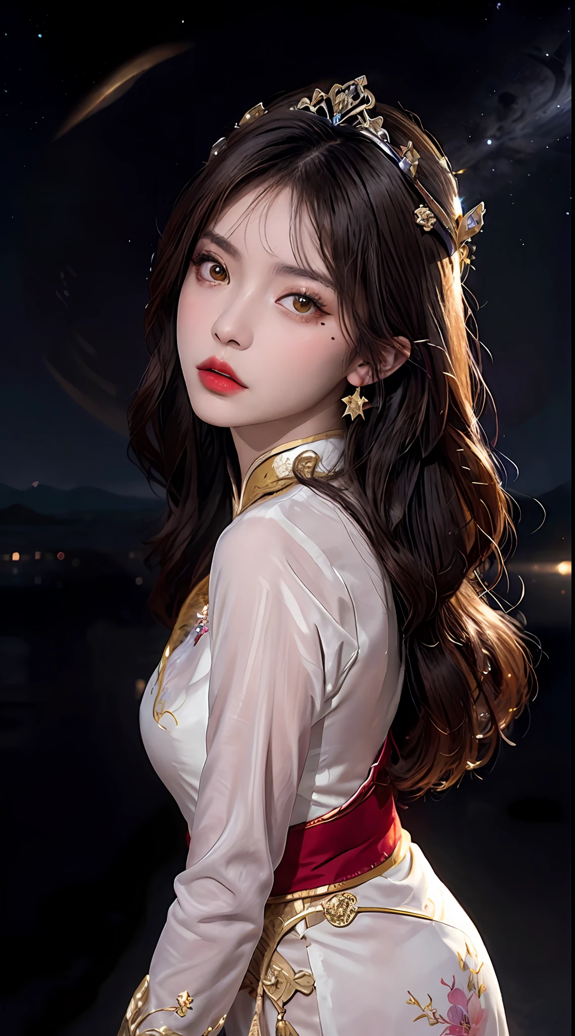 1 27-year-old girl, 1 zodiac goddess from the future, goddess of the pink and purple 12 zodiacs, the goddess of the zodiac in a yellow ao dai, a 12 zodiac ao dai with many black lace detail, mythology Goddess of the 12 zodiacs from the future, zodiac ♏, luxurious glittering zodiac style, dark and mysterious version, zodiac crown, lipstick lips red, thin and beautiful lips, mouth closed, characters made by karol bak and pino daeni, intricate detail, detailed background, extremely detailed, light magic, a woman, clear face, hair long with bangs, beautiful face in detail and well-proportioned eyes, (transparent yellow eyes: 1.8), big round eyes and very beautiful and detailed makeup, foresight, silk dress, mysterious makeup , double bangs and dyed light blonde , upper half portrait, zodiac goddess portrait, arms hanging loosely, Realistic and vivid photo, (stars make up the zodiac: 1.7), (sky background zodiac and fictitious space and time portal: 1.8), fiction art, RAW photo, hanfu picture, best photo, best photo quality, 8k quality, 8k ultra, super realistic, real photo most economical, the goddess poses sexy and seductive,