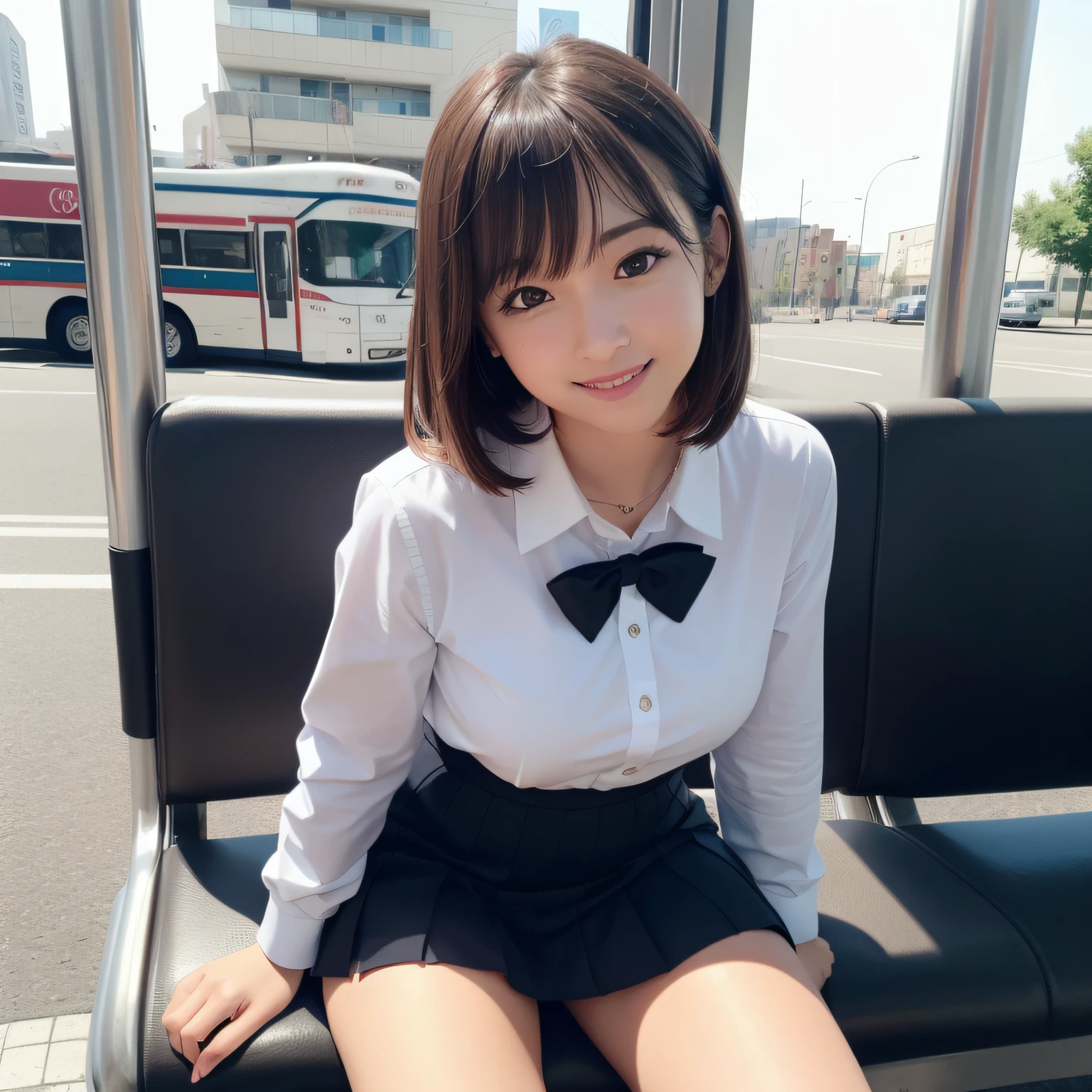 (Realistic, Photorealistic: 1.37), (Masterpiece), (Best Quality: 1.4), (Ultra High Resolution: 1.2), (RAW Photo: 1.2), (Sharp Focus: 1.3), (Facial Focus: 1.2), Elegant, (Full Body: 1.2), Best Quality, Masterpiece, (Realism: 1.2), A Girl, Brown Hair, Brown Eyes, Frontal, Detailed Face, Beautiful Eyes, Pleated Mini-Skirt School Uniform, Sitting at a Bus Stop (1.5), Biting Smile, Lots of Eyelashes, High Heels,  very pretty, white Persian cat,