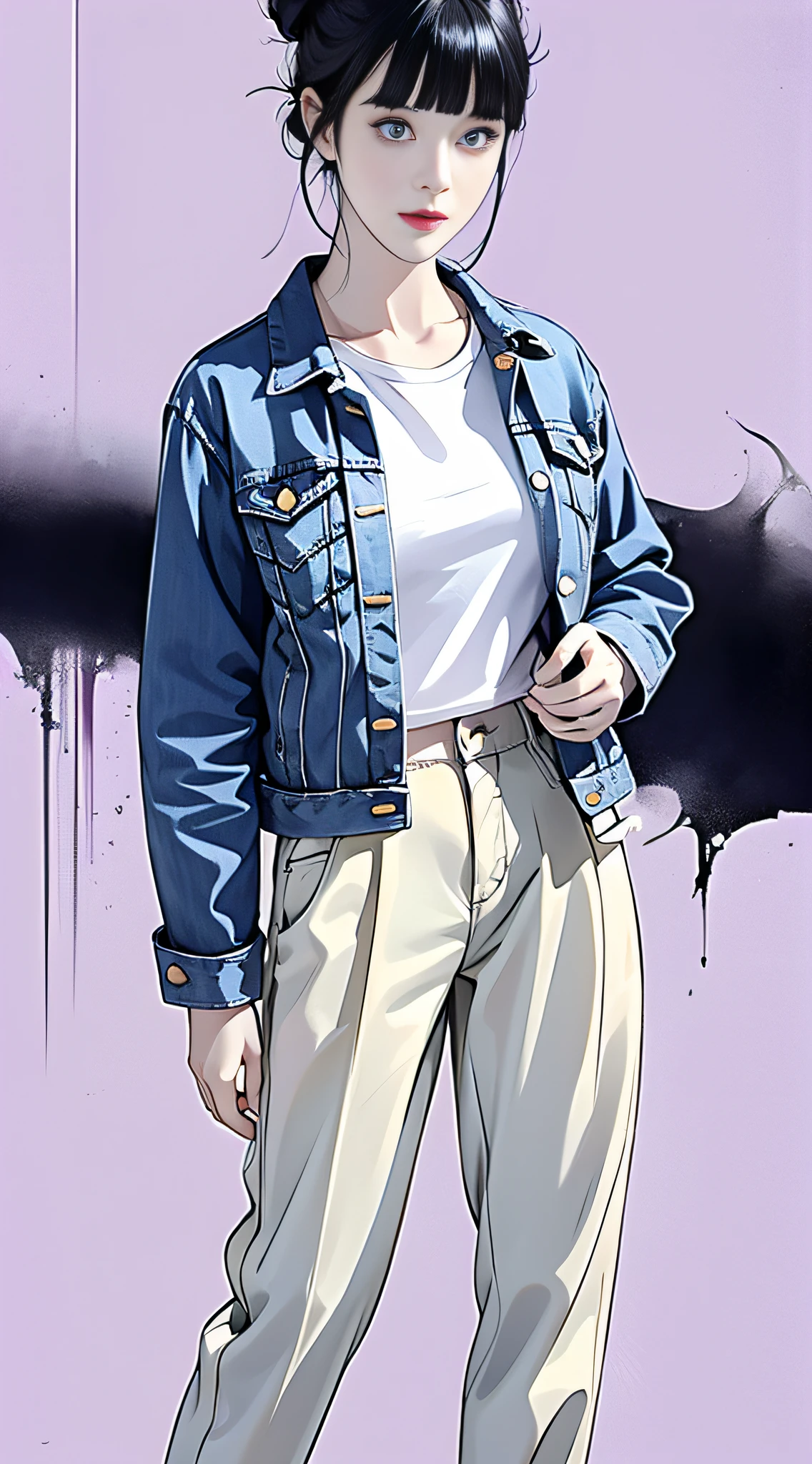 masterpiece, best quality, ((pure white background)), standing, dark blue hair bun,cold face, full body, Denim jacket, white T-shirt, casual pants, (Fashionable clothing), happy, light effect, soft, super clear, high-definition picture, (front), purple eyes, blunt bangs