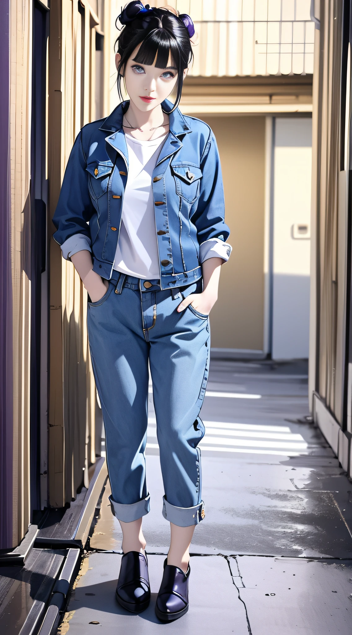 masterpiece, best quality, ((pure white background)), standing, dark blue hair bun,cold face, full body, Denim jacket, white T-shirt, casual pants, (Fashionable clothing), happy, light effect, soft, super clear, high-definition picture, (front), purple eyes, blunt bangs