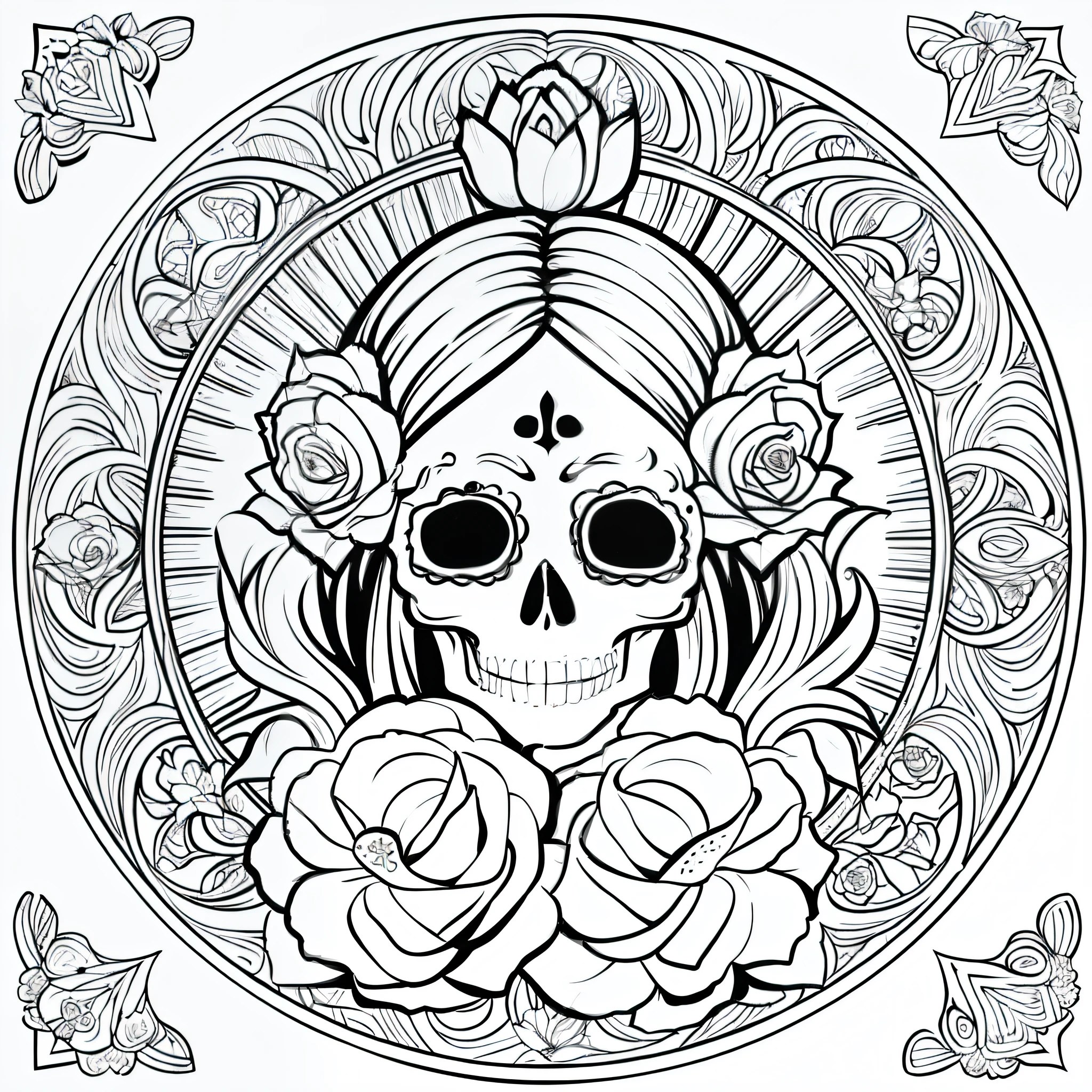 Masterpiece, best quality, (detailed background), high contrast, decorated sugar skull, flower background, medium and clean line drawings, talavera type, art nouveau, vector