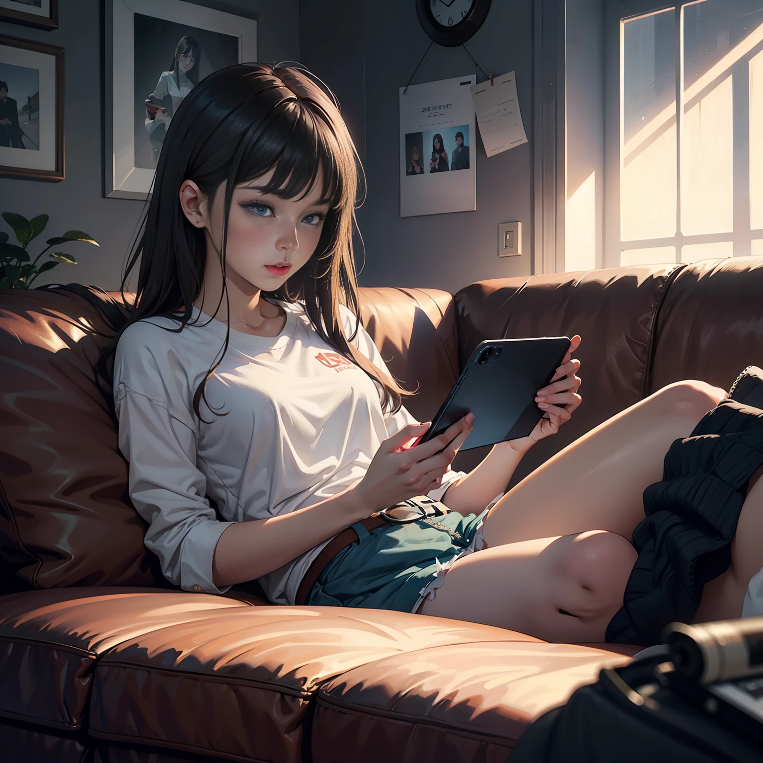 High school girl lying on couch playing with mobile phone