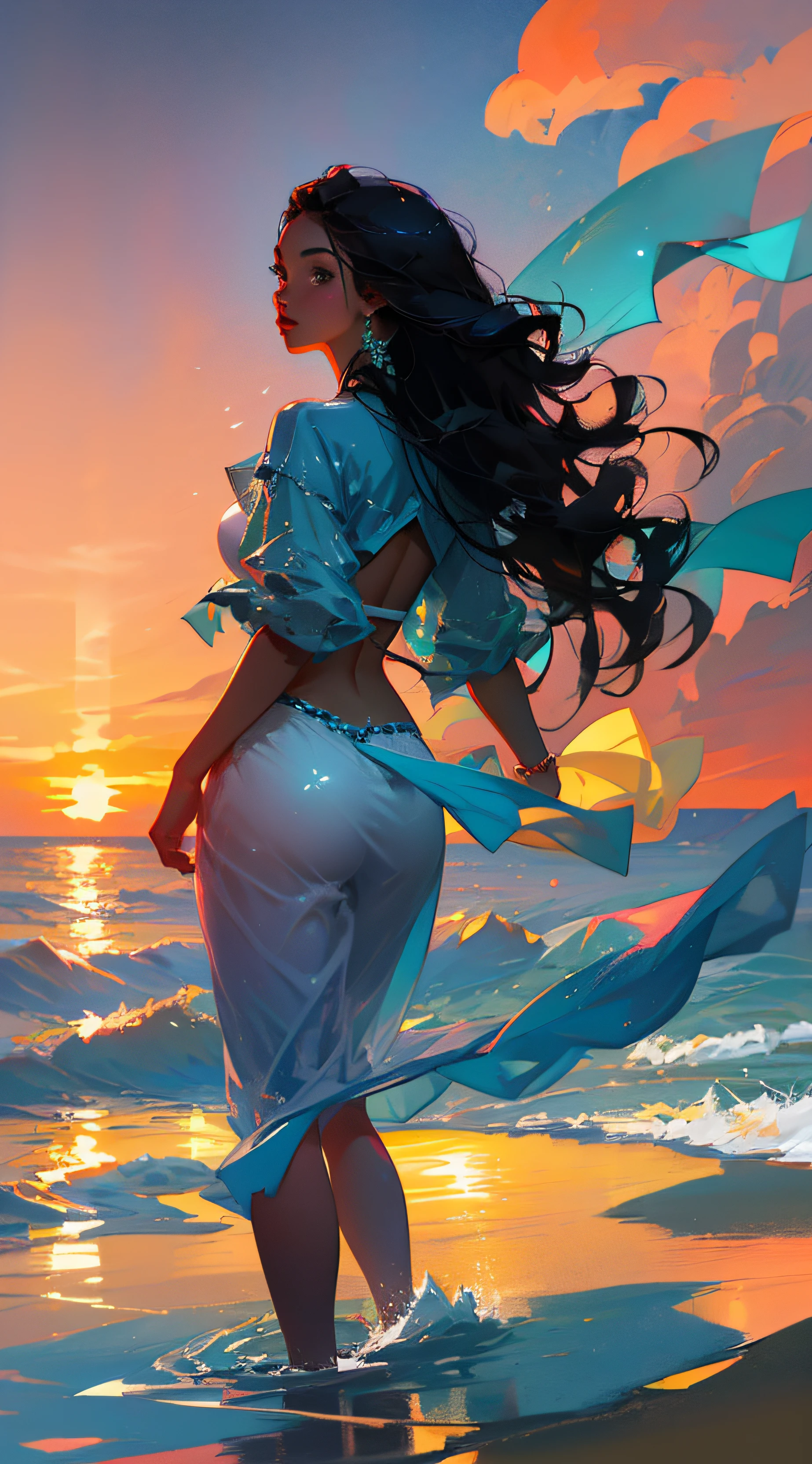 Masterpiece, realistic, high quality, beautiful black Brazilian girl with black curly hair, in a white bikini, with her back on the beach area looking at the sunset in the sea --auto