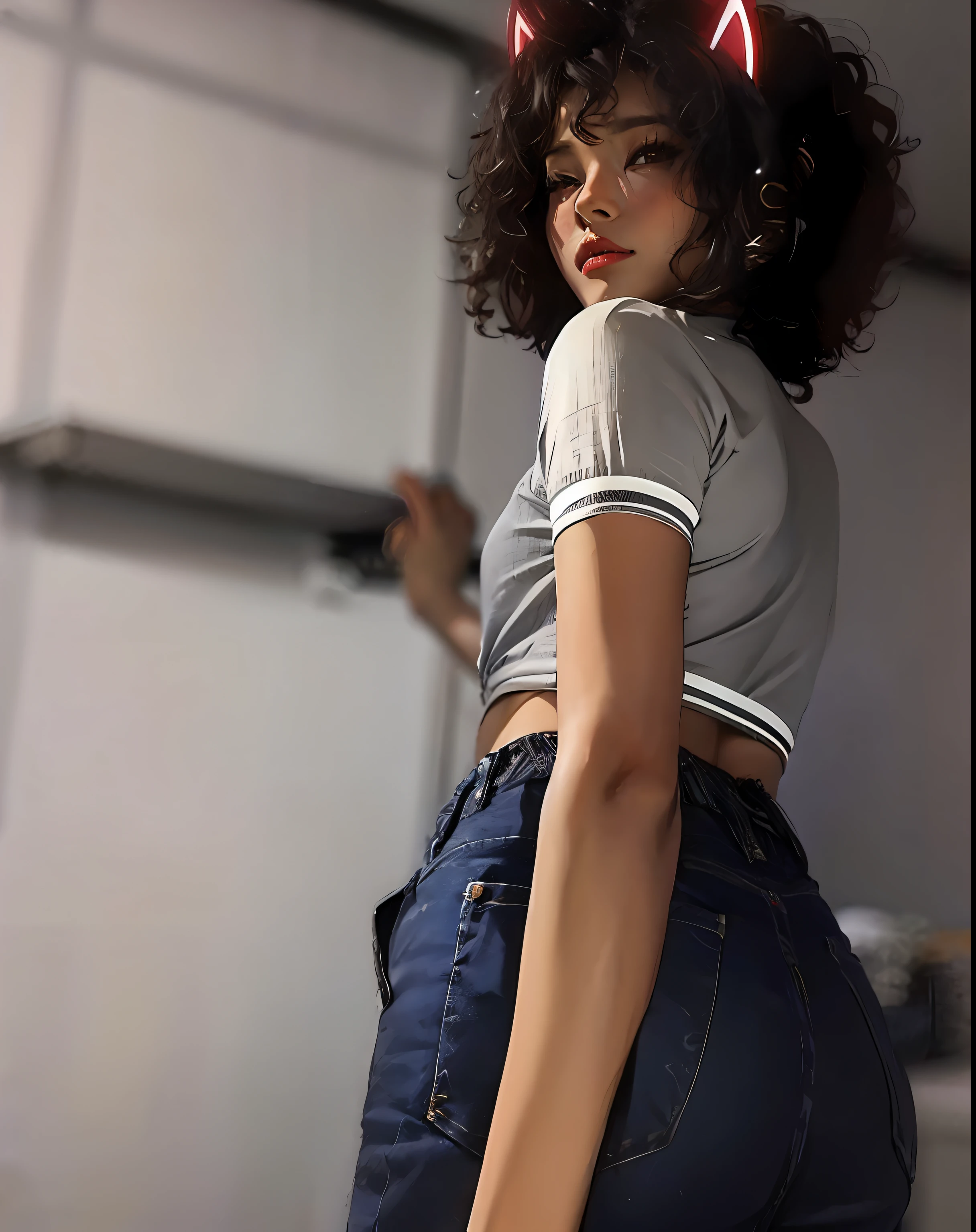 there is a  Latino Light Skin Ebony woman with a cat ears and a grey shirt, casual pose, skinny waist and thick , satisfied pose, close up to a skinny, middle shot waist up, wearing a  cropped top, middle body shot, curly haired, with afro, 18 year old female model, frontal pose, tinyest midriff ever, half body cropping, nice  😈 Doujinshi +18 Art Style