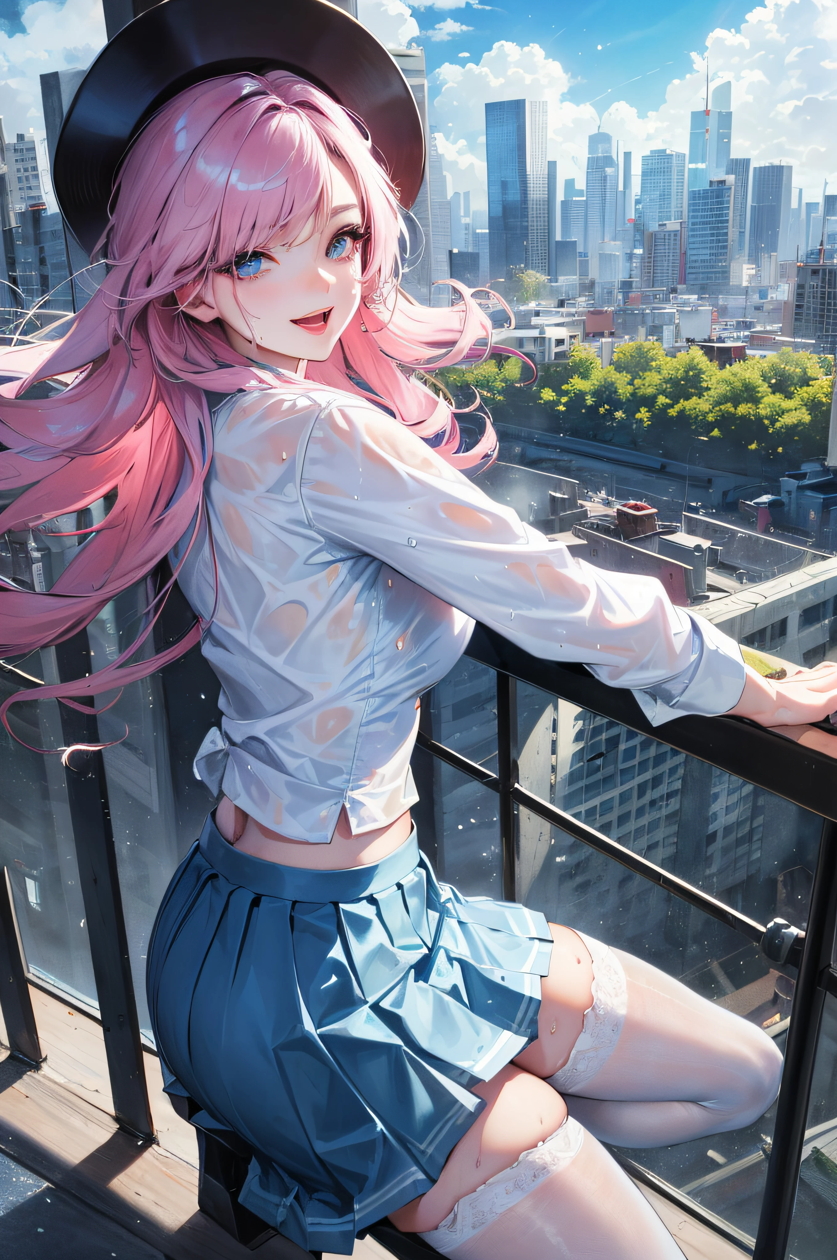 1 Girl, Official Art, Masterpiece, Sharp Focus, (Beautiful Gorgeous Cute Korean Woman: 1.3), Delicately Beautiful Hair and Eyes and Face, Realistic, Ultra-detailed, Beautiful Girl, Blue Sky, Glowing White Particles, (Sidelighting: 1.2), Sunlight, White Clouds, Detailed Clouds, Slender, Cute Big Breasts Big Buttocks, ((Laughing with Eyes Open)), Landscape, Long Straight Hair, Sexy Facial Expressions, Architecture, (Cityscape:1.7), Dynamic Hair, Long straight hair, fine platinum-pink hair, glowing blue eyes, (blue pleated shirt + white skirt), white stockings, pale skin, hair accessories, epic landscape, wet clothes, transparent clothes, wet