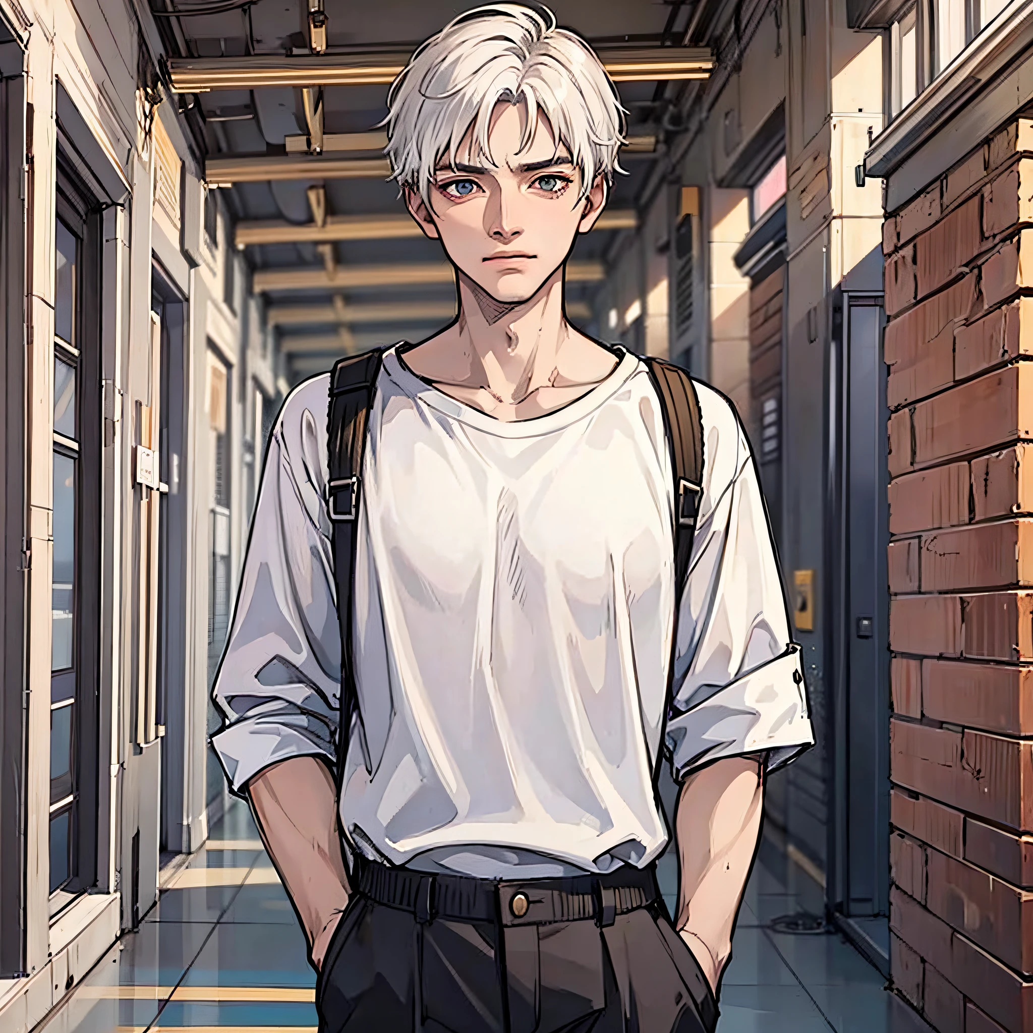 A man with short white hair, wearing a white shirt, looked cold, on campus, all over