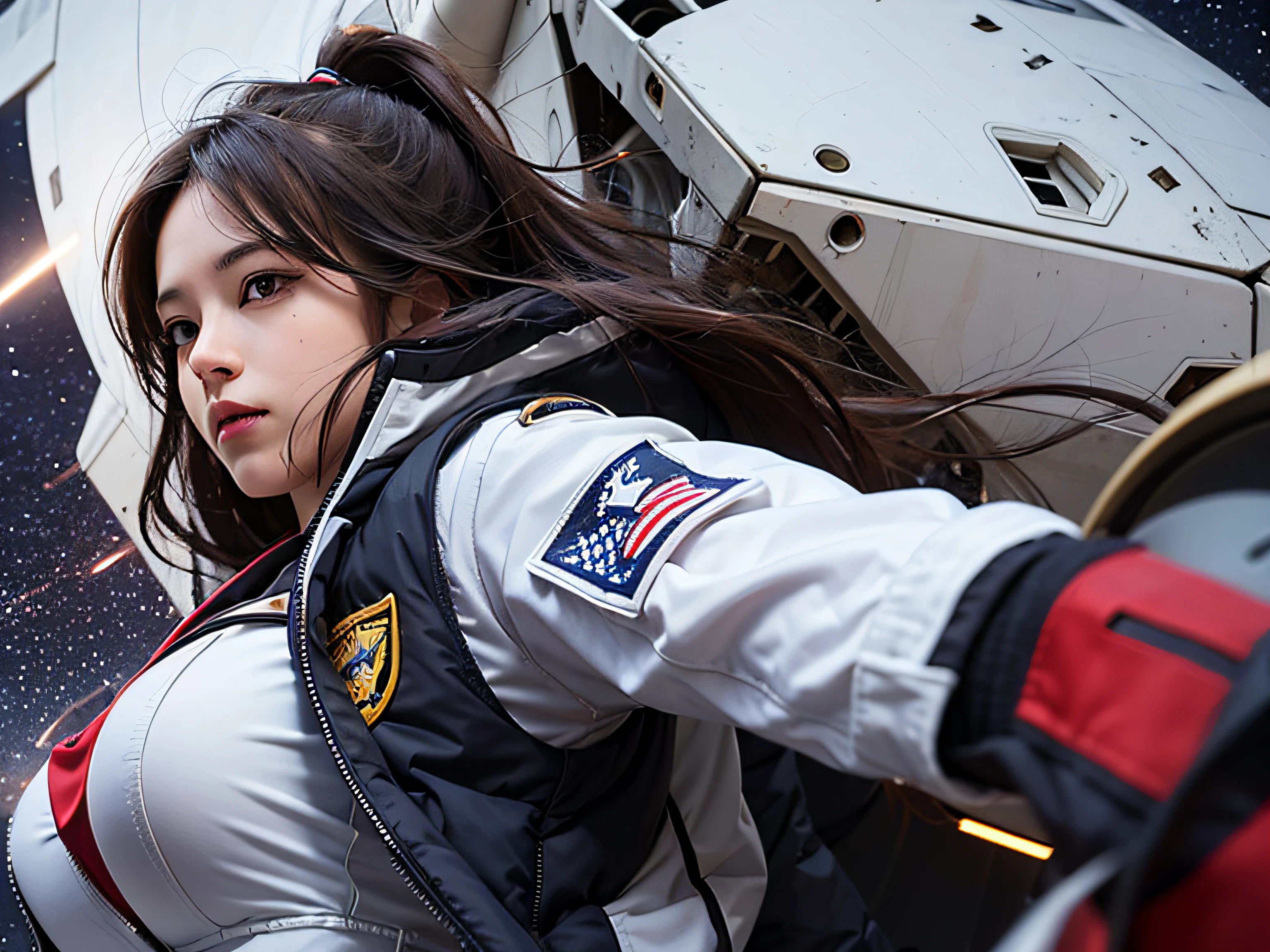 In the night sky, countless stars twinkle brightly, illuminating the darkness. A woman with long hair in a white pilot suit stands in front of the destroyed Gundam. Wearing a down jacket.