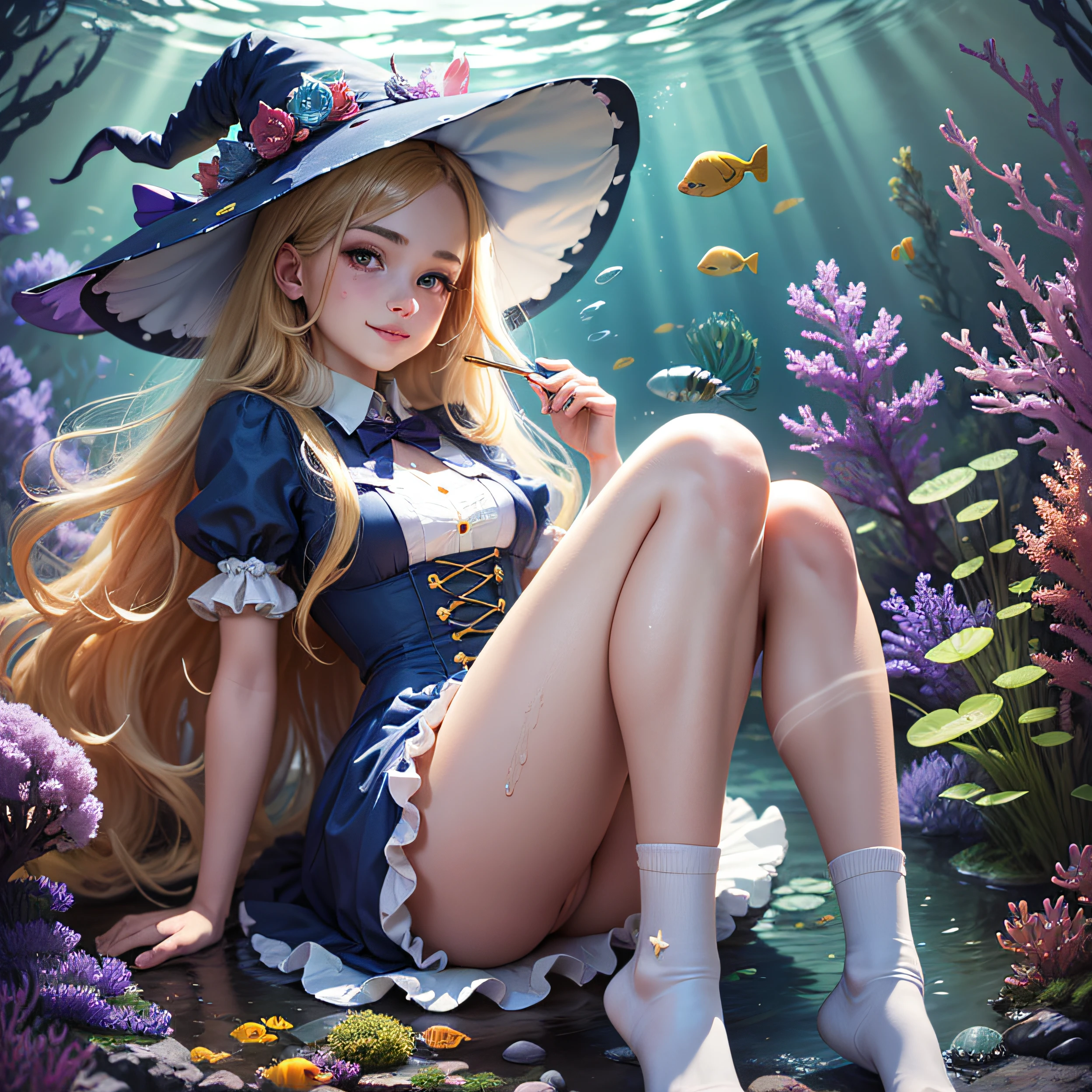 (masterpiece, best quality, detailed glossy skin: 1.2), flawless, 8k, RAW, highres,1girl, petite, medium breasts, long hair, blonde hair, (witch hat), (light smile), purple eyes, (star-shaped pupils), (underwater, algae, aquarium), looking at the viewer, solo, alice dress in wonderland, (camel's paw), (no panties), long socks, transparent white socks, broom, floating, rim lights, cinematic lighting, ((splash water)),