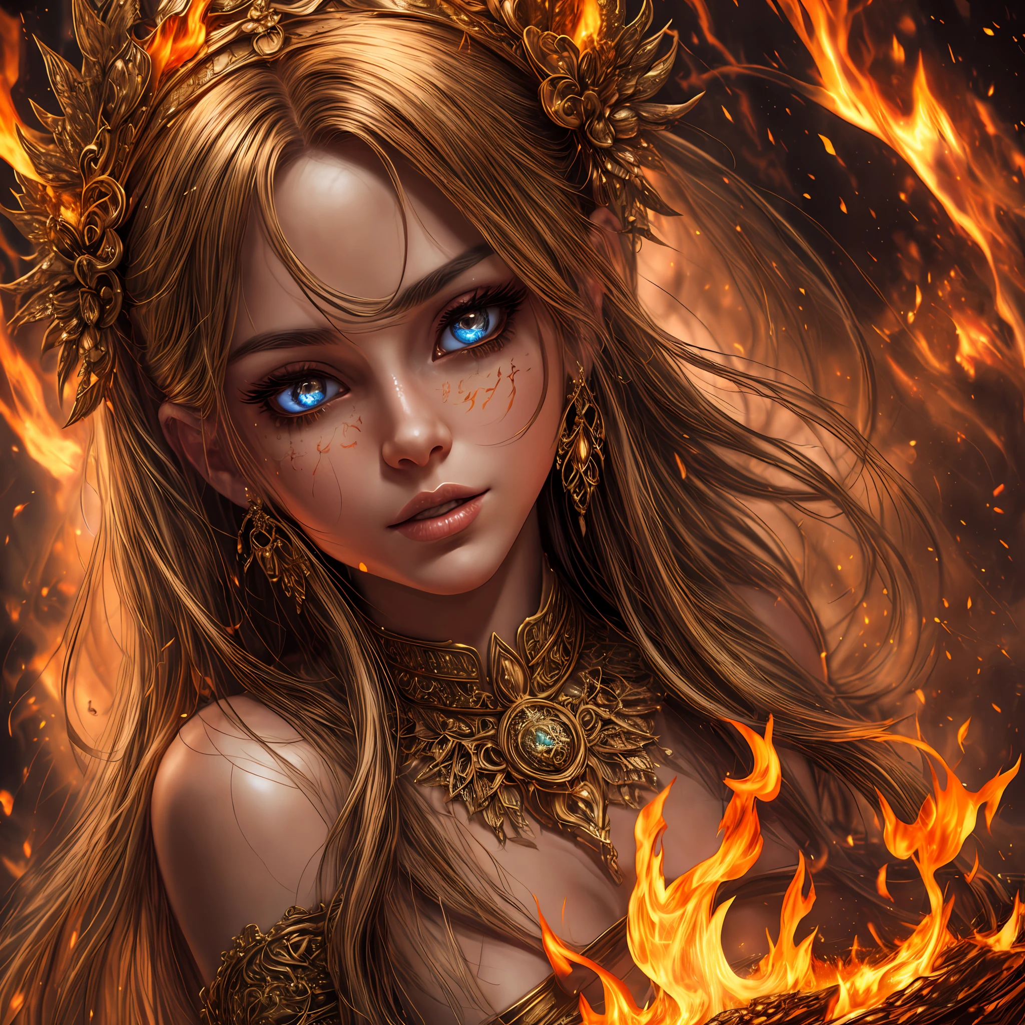 Generate a mesmerizing fire nymph. She should have 8k eyes, macro eyes, highly detailed eyes, extremely detailed eyes, bright clear eyes, and sharp eyes. Her face should be dynamic and her expression should be engaging. The flames should be all-encompassing and very hot and realistic. Include many fantasy details! The image should be ornate and ultra-detailed. ((The background should be highly detailed and interesting and enhance the overall fantasy and fiery ambiance of the image.)) Enhance intricate fiery details. Viewers should feel like they are on fire when looking at the image.