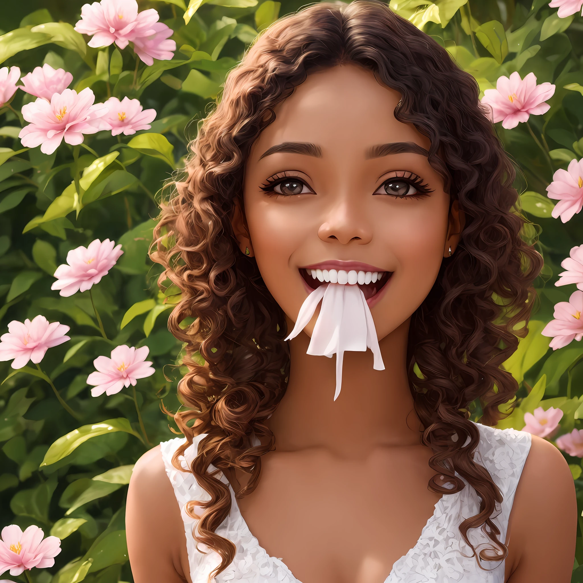 Brown woman, sweet smile, penetrating look, realistic, high quality, in a flowery garden, 4k, long flowery dress, sexy, curly brown hair, brown eyes, wet hair, fleshy mouth --auto