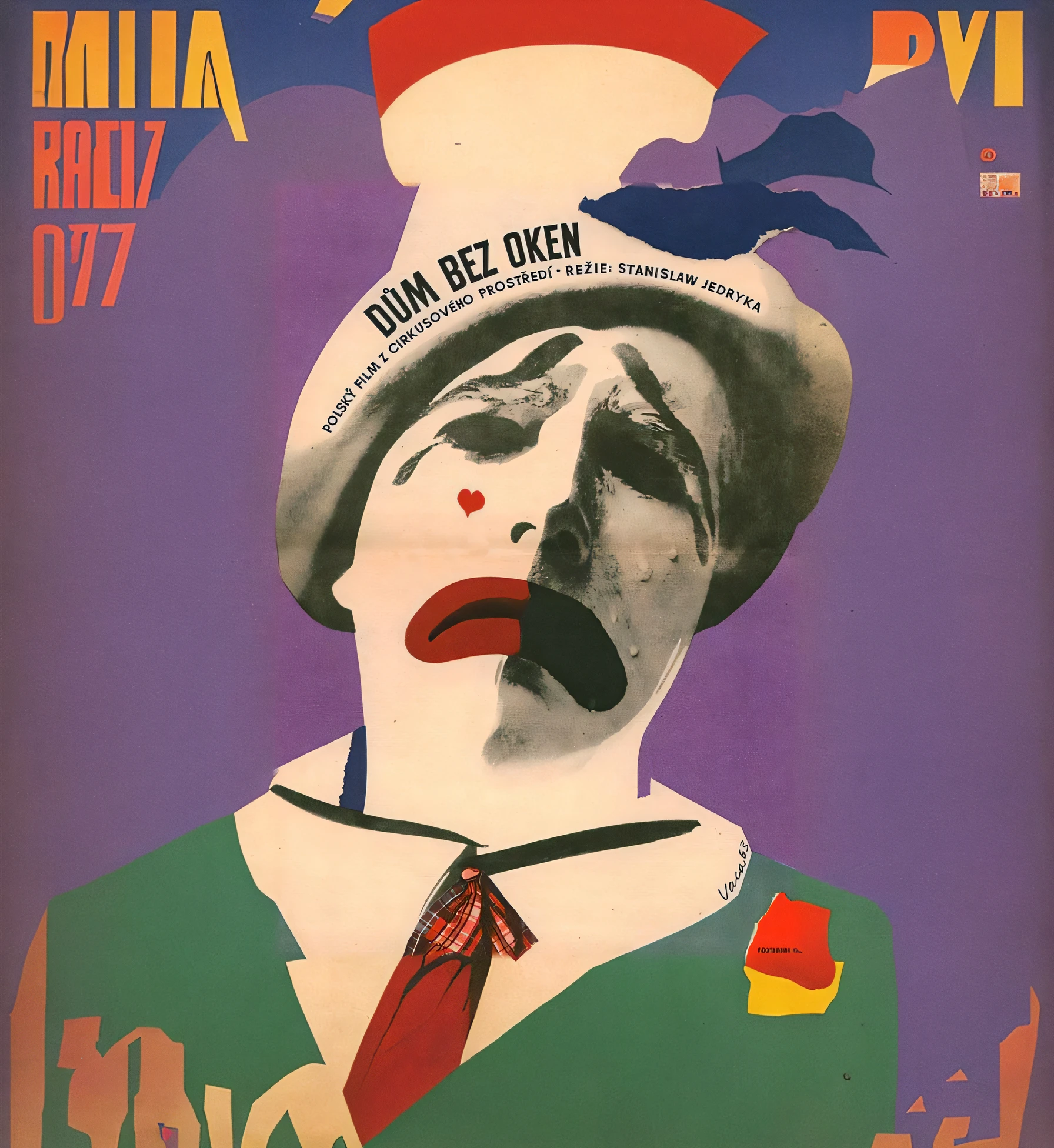 poster of a clown with a hat and tie on, polish movie poster, polish poster art, by Josef Čapek, vintage poster, vintage film poster, by Balázs Diószegi, by Hannah Höch, by Béla Czóbel, by Béla Pállik, propaganda poster, raoul hausmann, vintage movie poster, poster