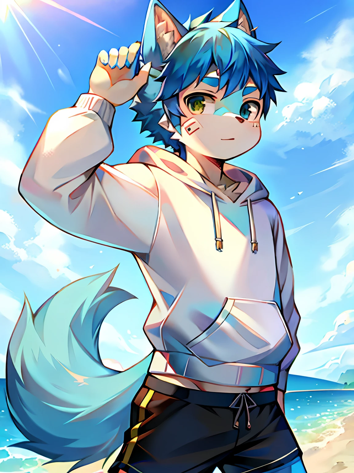 Dog, light blue fur covering all over, white sweatshirt, black shorts, band-aid, little boy, summer, pose