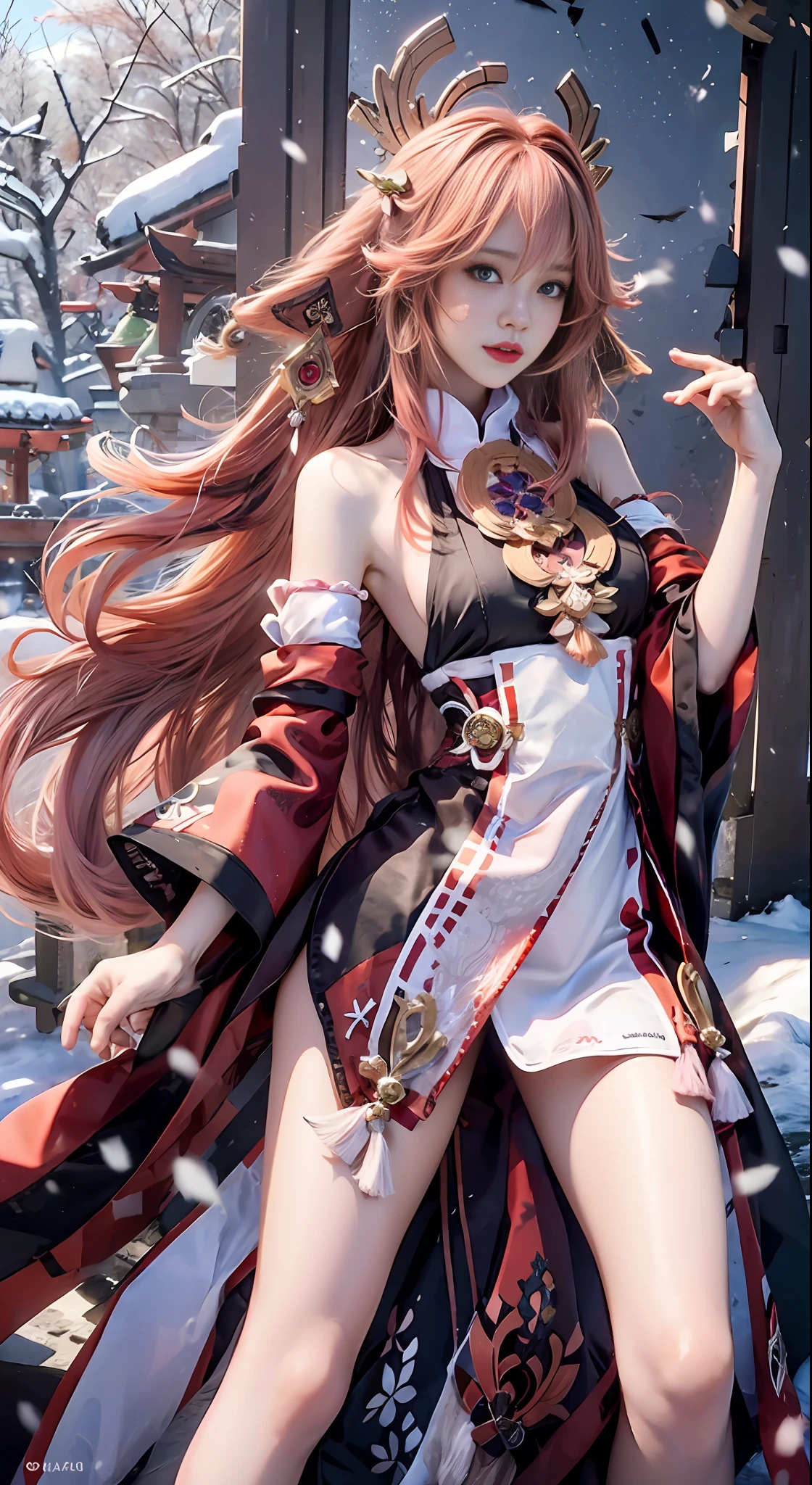 Girl poses enchantingly in pink dress, Kokiyo from Genshin Impact, Nakari from Genshin Impact, Barbie in white lace stockings, from Azure Lane video game, Ki no Sakura, popular on CGSTATION, Ayaka Genshin Impact, 1girl, Feather feidie_helmet, White furry coat, Snow, Masterpiece, 8k, Best quality, Long straight black hair, Red furry cape, cape, there are birds in the sky, Butterflies in front (full body 2.0) Snowy mountains in the back, the sky is very blue, holding flowers, (realistic, realistic, sexy slim model body),