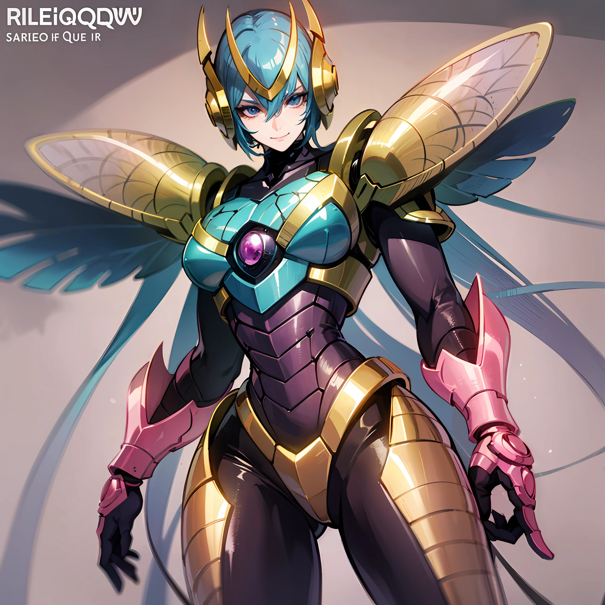 Hot insect shell woman, Guyver style, evil smile, scaraber reploid, bellows tail, cel shade adult animation, alien queen, metroid suit