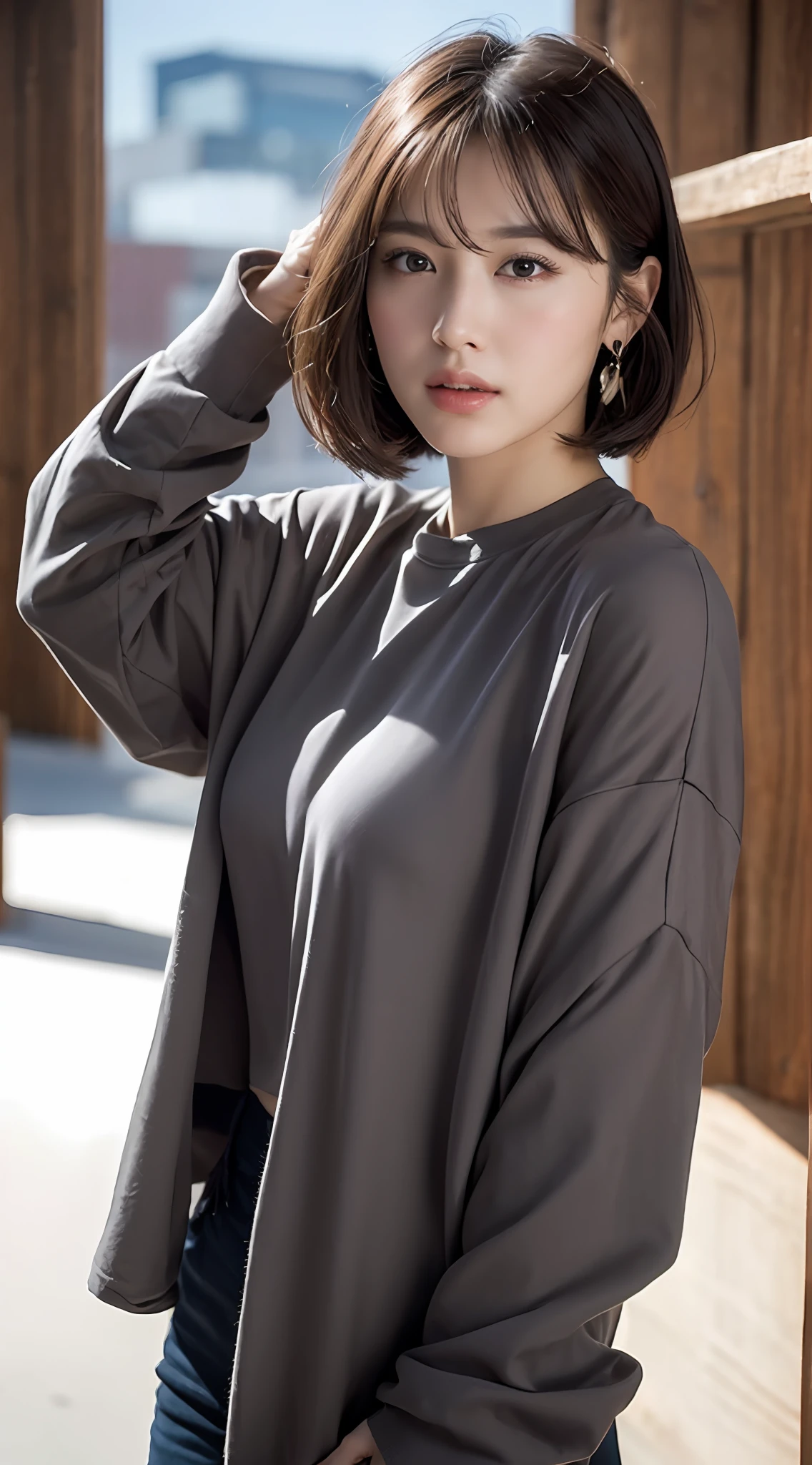 (8k, RAW photos, top quality, masterpiece: 1.2), ultra detailed, super resolution, (real, real photos: 1.37), portraits, high definition RAW color photos, professional photos, very detailed and beautiful, highly detailed, 8k wallpapers, amazing details, huge file size, official art, highly detailed CG Unity 8k wallpapers, highly detailed beautiful girls, highly detailed faces, Highly Detailed Eyes, Highly Detailed Skin, Highly Detailed Fingers, Very Detailed Nose, Highly Detailed Detailed Mouth, Perfect Anatomy, Detailed Background, Detailed Clothes, One Girl, (20:1.2), 20s, Cute Girl, Realistic Body, Petite, White Skin, Radiant Skin, Slim Body, Black Hair, Short Hair, (Blunt Bangs: 1.2), Cute, Youthful, Pretty Face, Realistic Face, Delicate Eyes, Sale Eyes, ( (Fashionable winter clothes)), ((Up)), (((Full body shot)), Earrings, Looking at the camera, Cowboy shot, Front-facing, Standing Posture, Contrapposto, Dynamic Lighting, C-Cup,