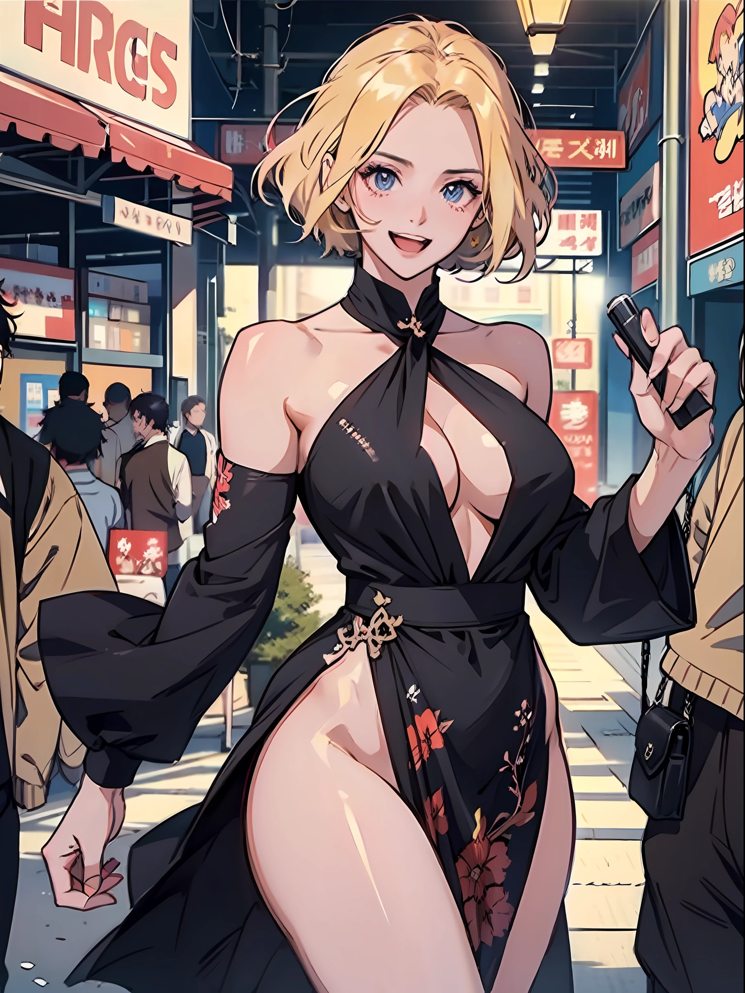 Young woman 18 years: 1.3, Short blonde hair: 1.2, tall: 1.2, Occupation: 1.2, Daytime: 1.2, On the street: 1.2, Film lighting, Best quality, 8k,short dress, dress with neckline, large breasts ((anime strokes)) Korean girl, seductive look, sexy, open mouth and smiling ((big breasts))