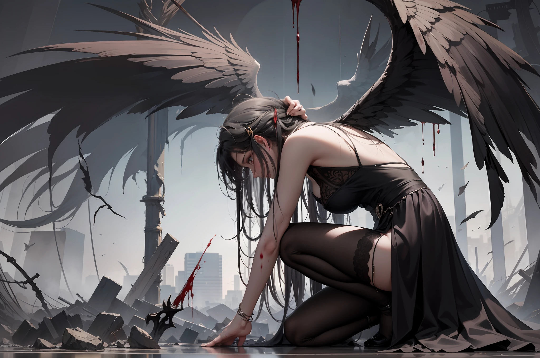 A full-body portrait of a girl wearing a white cloak, surrounded by an atmosphere of solitude, darkness, and oppression. The girl's expression is somber as she stands amidst the gloom, her face partially obscured in shadow. Her white cloak is stained with blood and dirt, reflecting the struggles she has faced. Her hair is disheveled and messy, adding to the overall disarray and turmoil. The composition showcases her profile, revealing a glimpse of her determination and resilience. Behind her, a pair of tattered wings symbolize her desire to break free from her constraints, despite the broken sword she holds, a testament to past battles fought. The overall scene captures a sense of melancholy, depicting the girl's internal struggles and the weight she carries. Executed in a bold and expressive style, with dynamic brushstrokes and a subdued color palette that emphasizes the darkness and heaviness of the atmosphere.