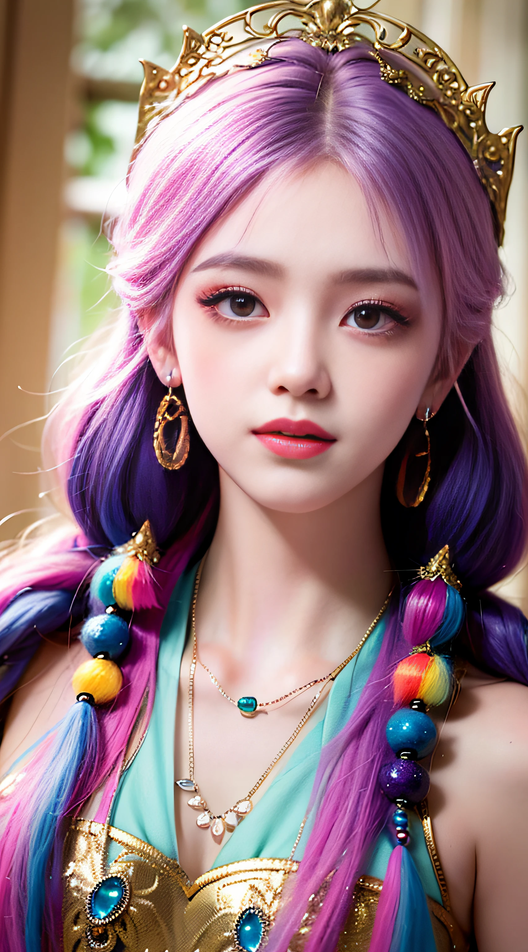 (Best Quality, 8k, Masterpiece, UHD: 1.2, CG: 1.2, Blender Rendering), close-up of a long-haired girl in ethnic minority clothes, non-metallic colored tiara, necklace with colored gemstones, fantasy style, textured earrings, kawaii realistic portraits, cute colorful cute, anime style, colorful, multi-color crossed braids, fantasy points of light everywhere, Guvez style artwork, vibrant fantasy style, cute art style, colorful pastels, Realistic anime 3D style, mature female