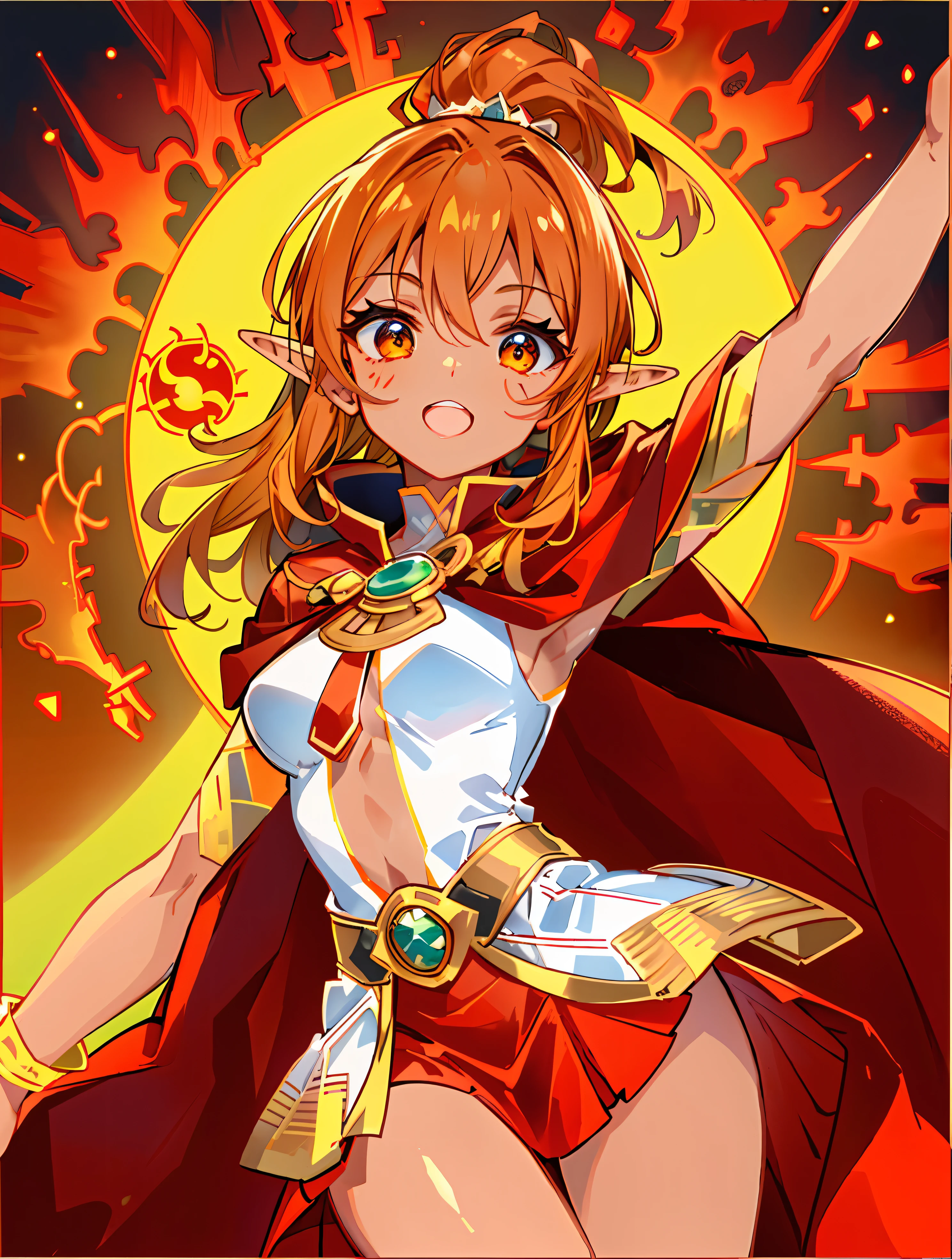 A masterpiece, infinitely exquisite details, a brown-skinned elf, brown-skinned, brown-skinned, brown-skinned, bright orange single ponytail hairstyle, light dancer costume showing alluring waist, red cape cloak, hair and cloak floating upwards, head with a magical mark as a sun god, metallic ornaments, the background is a twisted cloud of burning sun flames shining, brown skin, brown skin, I say black skin you know