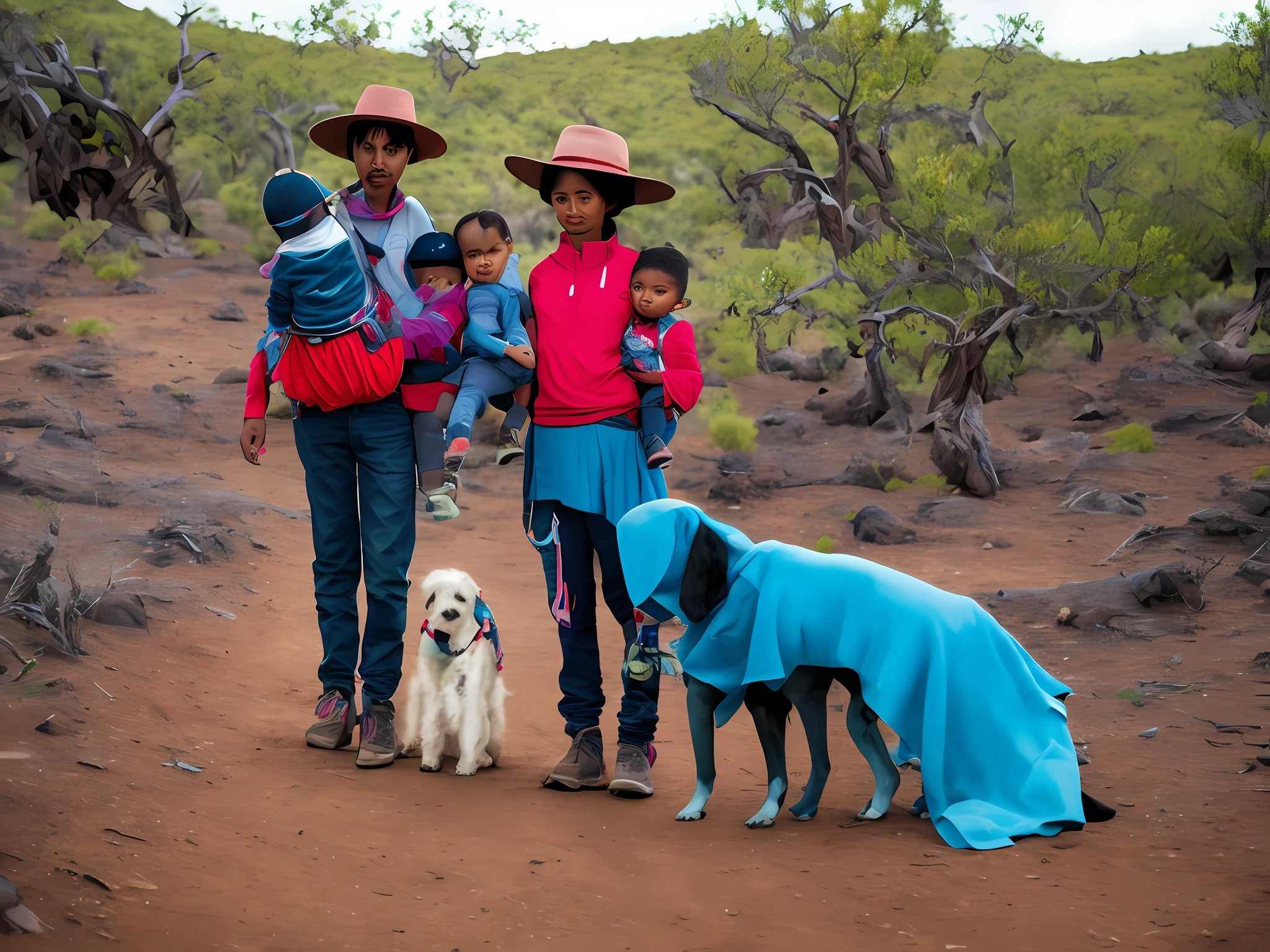 A couple two children and a dog walking a son and mother cuddled with torn clothes and a cangaceiro hat in a dry backcountry
