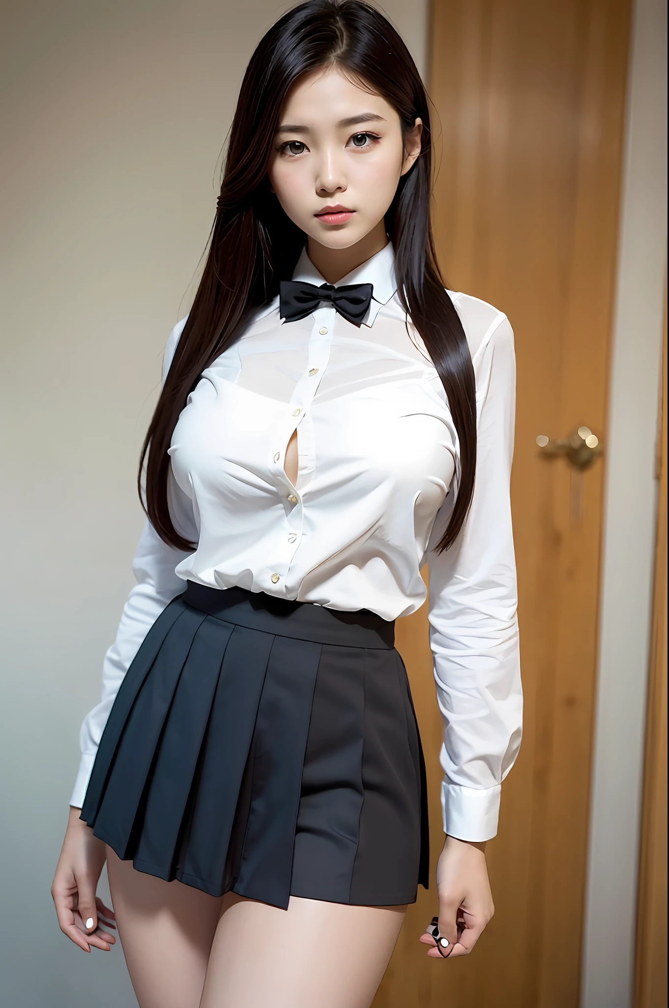 (beautiful eyes), (school-uniform-miniskirt:1.4), hands on legs, big breasts, slim legs, (masterpiece, best quality, realistic:1.3), 1 girl, solo, perfect proportion body, detailed eyes, kpop idol, korean beauty, [feminine pose], 18 years old korean student, white skin, large breasts, breastless_clothes, zettai_ryouiki, thigh_strap, cleavage_cutout