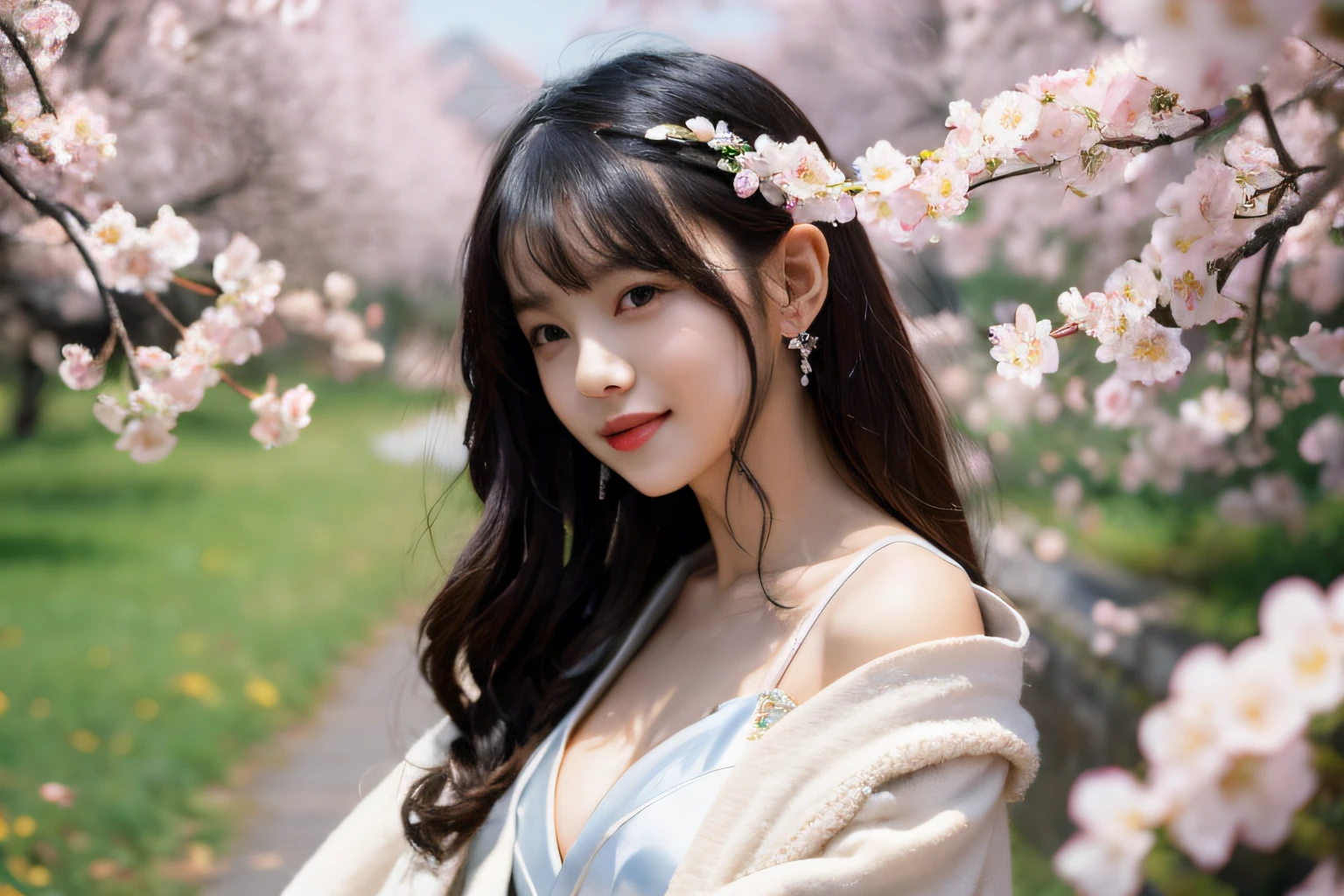 (best quality, masterpiece:1.2), (realistic, photorealistic:1.25), an extremely delicate and beautiful photo, extremely detailed, highres,Girl Portrait, (Face: 1.2), Floating Hair, Wind, Cloud, Sunshine, Movie Light, Bangs, Face Closeup, Sky Background, Oil Painting Texture, Clear Hair, Light Hair, Flowers, Girly, Smiling Face, Bright Eyes, Single Line shoulders, collarbone, shirt, autumn, bare shoulders, bare tree, black hair, branches, cherry blossoms, cleavage, coat, (robe: 1.21), collarbone, earrings, hair accessories, Hanfu, jewelry, lips, long hair, mid-chest , Sitting, Solo, Tassels, Tree, Wide Sleeves, See-Through Clothing, See-Through Clothing, Silk, Negative Space, Ink Painting, Statue, Willow Branches, (Masterpiece Best Quality: 1.2), Chinese Painting Ink, Model Shooting Style, Peaceful, Looking at the viewer, wearing long Hanfu, song, willow in the background, shirt, nsfw, full body, head to toe, natural body, girly look, flying hair
 ,Beautiful face, (young beauty, adult,) little shy cute face,arms behind back