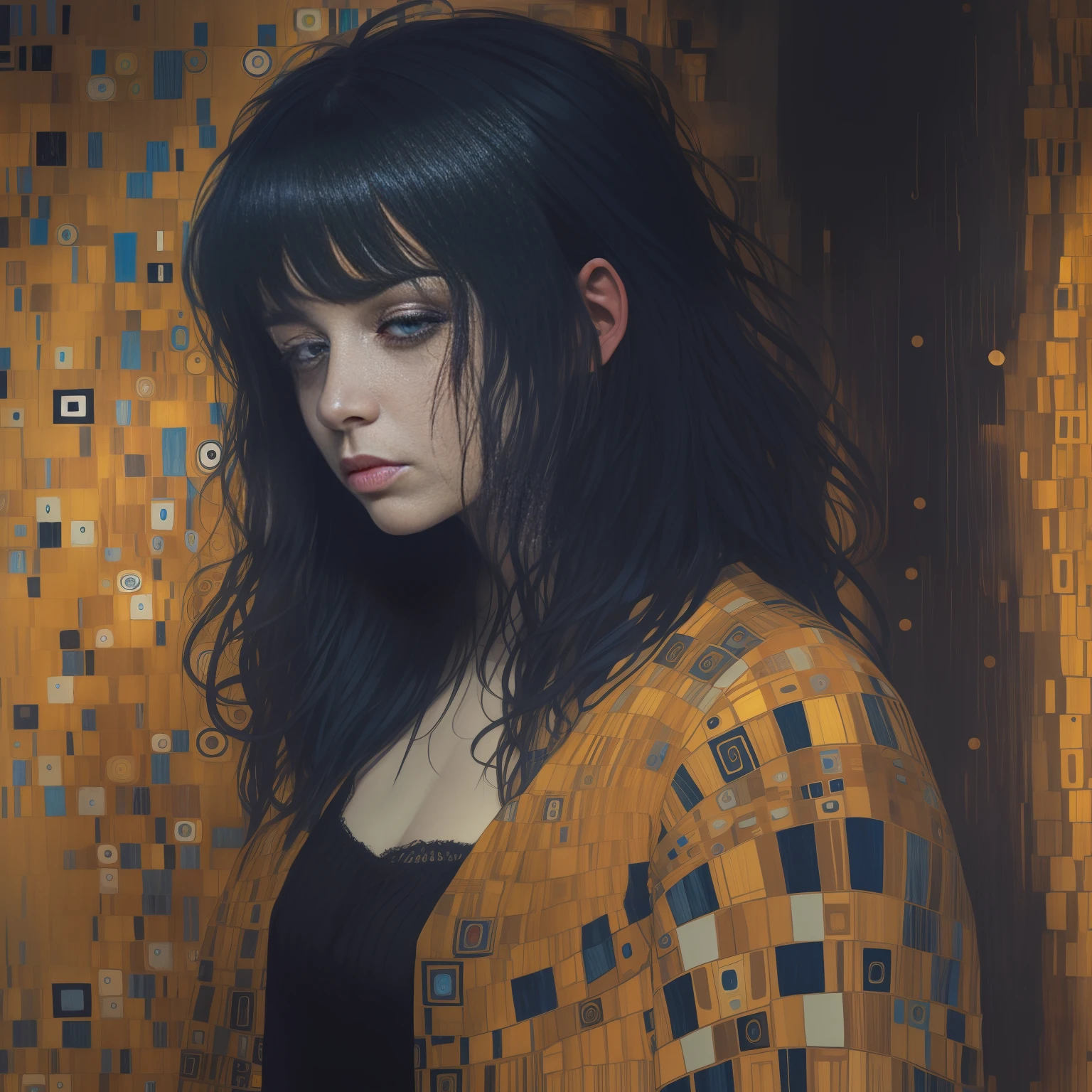 A messy hair, tattered clothes, dark and moody atmosphere, raw and emotional, dramatic lighting, expressive brushstrokes, Gustav Klimt influences, colorful, colorful, visually striking, strong color contrast