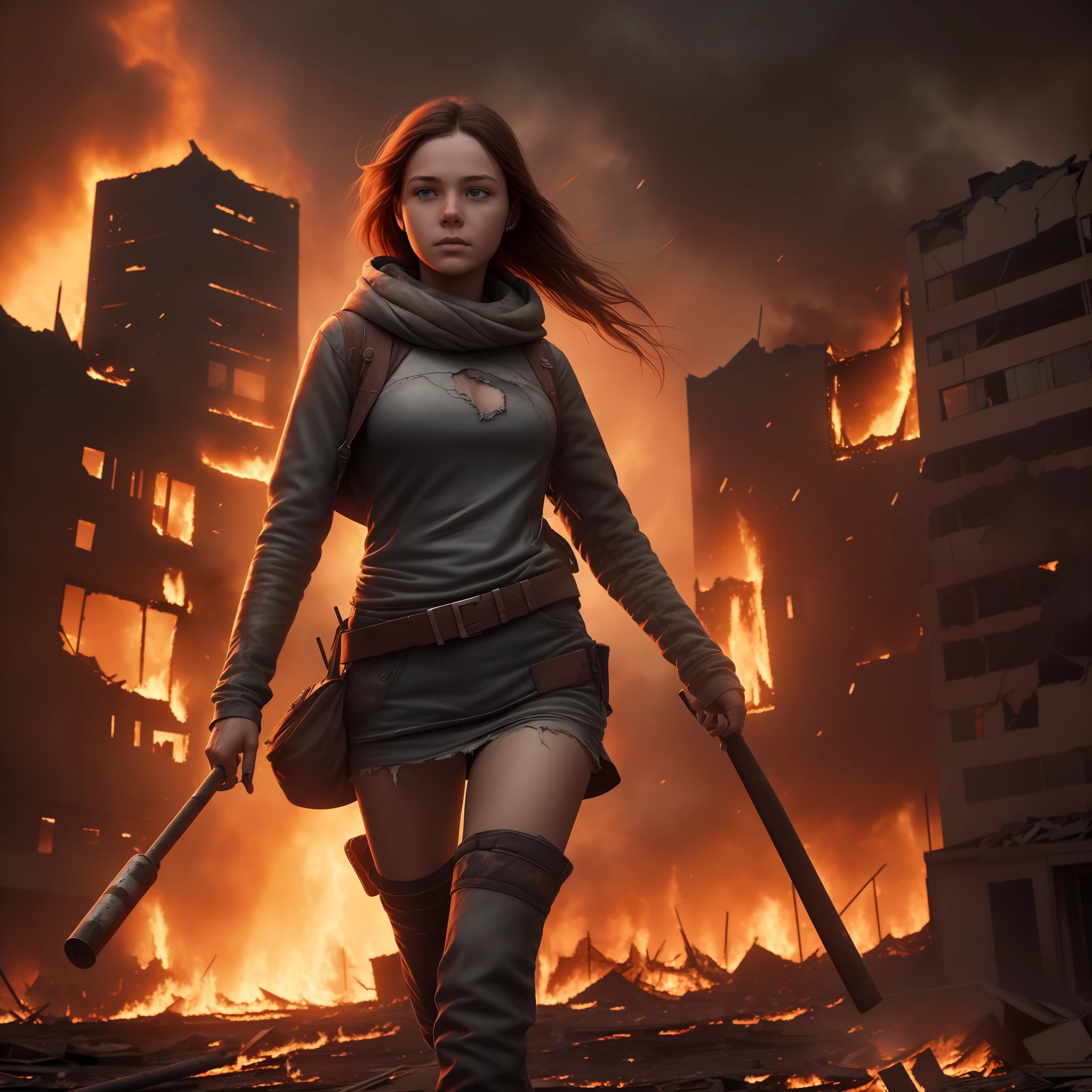 Girl fleeing a city ravaged by an apocalypse, with burning buildings, Detailed masterpiece 8k --v 6