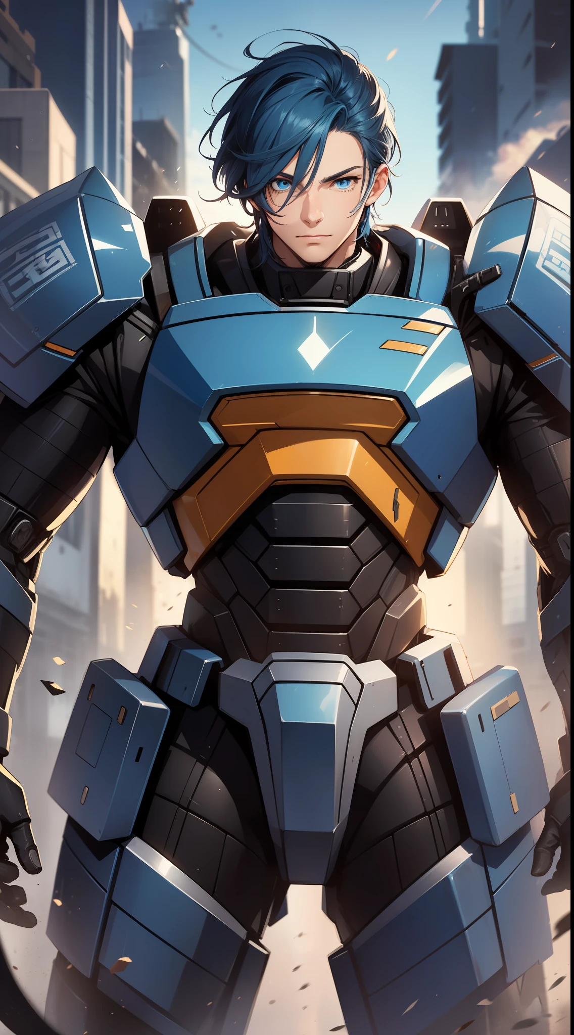Adult guy, short blue hair, high ponytail, blue eyes, Autobot armor, masterpiece, high quality
