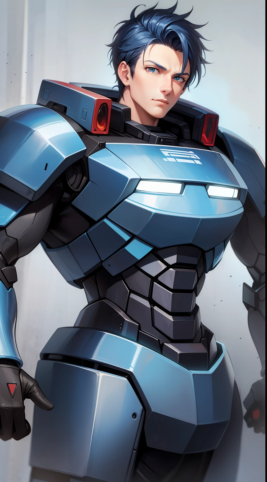 Adult guy, short blue hair, high ponytail, blue eyes, Autobot armor, masterpiece, high quality