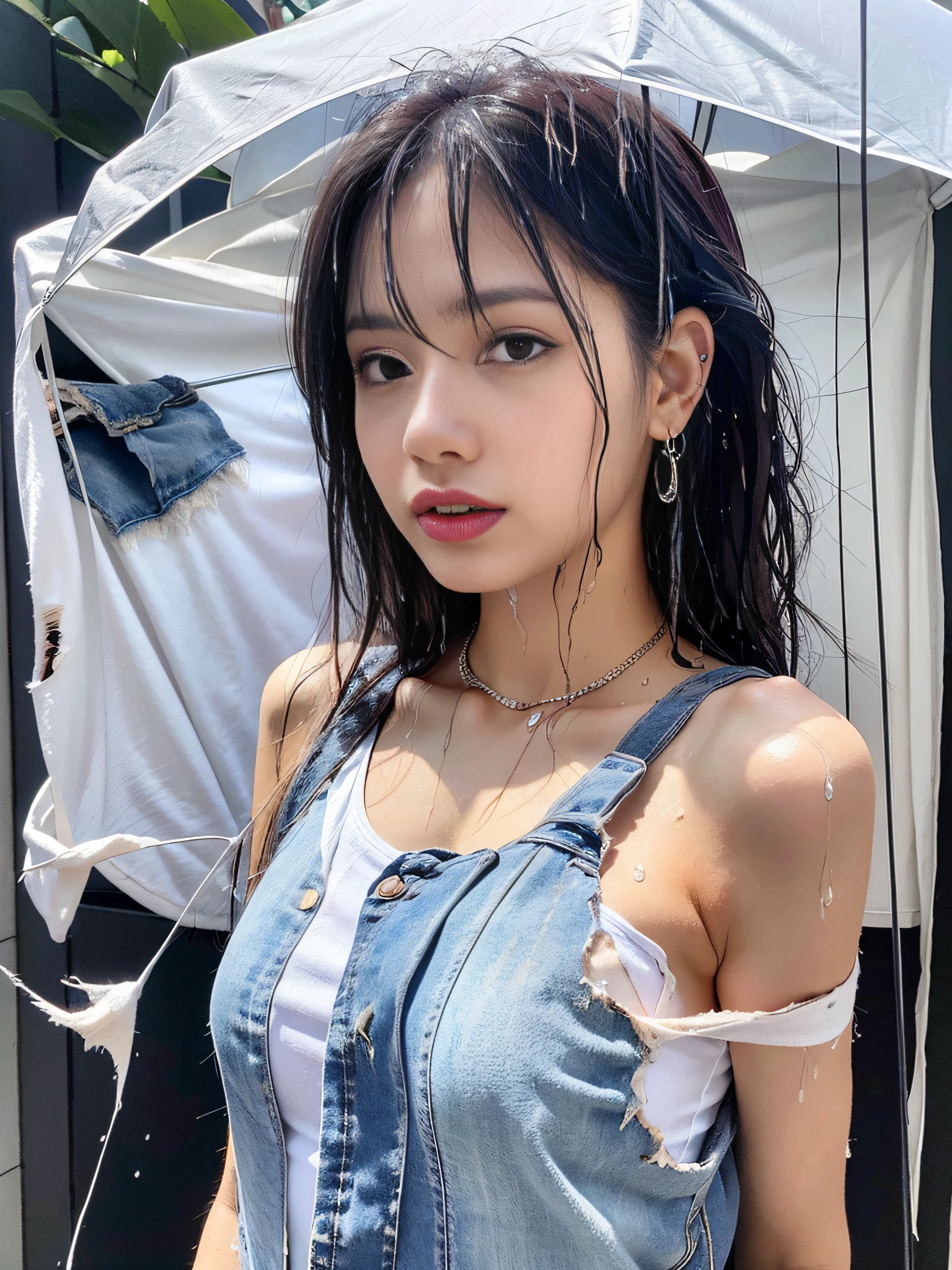 Best Quality, Masterpiece, Solo, __body-parts__, Kim Ji-ni Jennie Face, Ultra High Resolution, , Photos, 1 girl, white shirt, teardrops, (torn clothes:1.5), (wet clothes:1.4), bare shoulders, real rain, wet hair,..