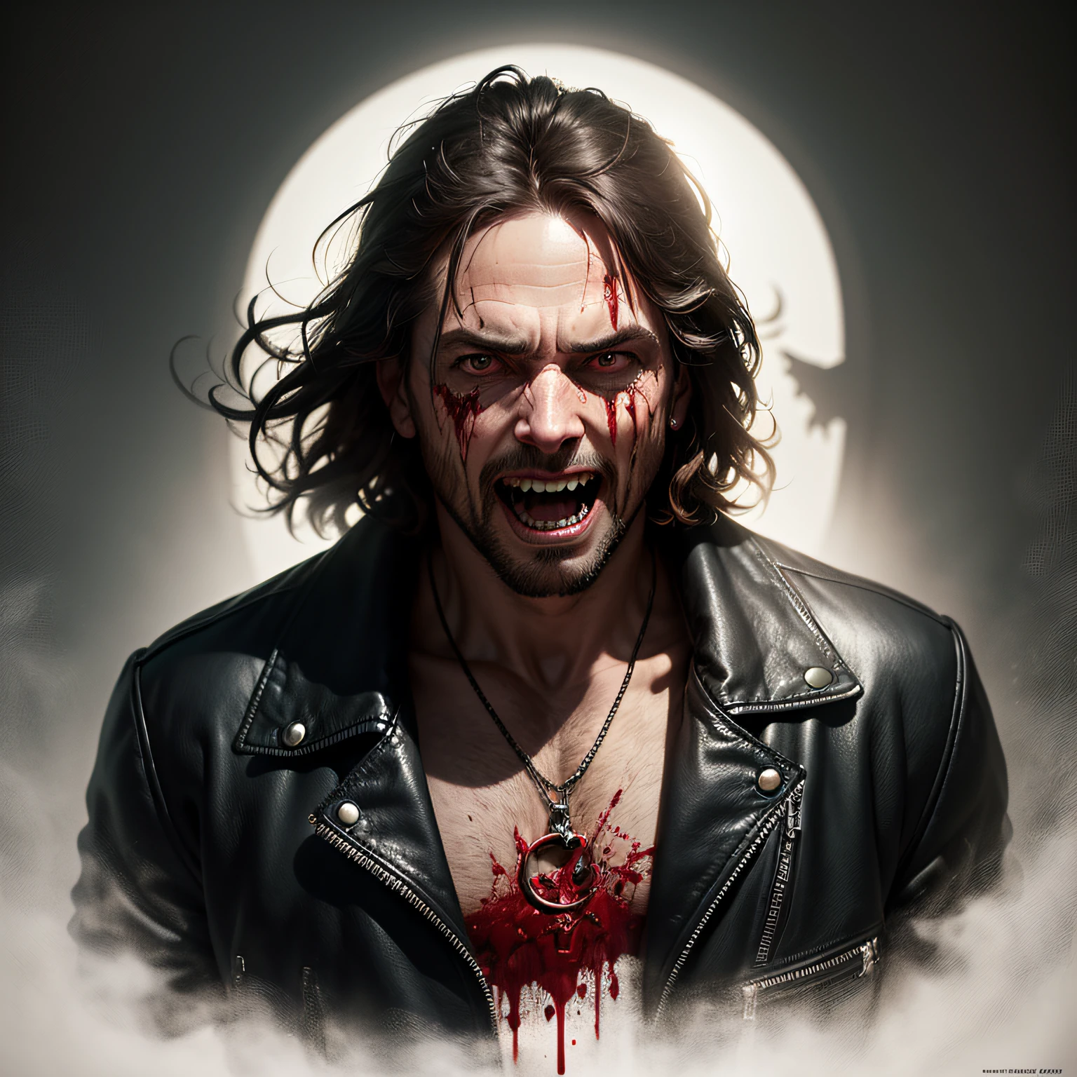 Eddie Vedder as a crazed vampire soiled with blood and with protruding vampire fangs, dark fantasy art in black and white leather jacket and facial expression --auto