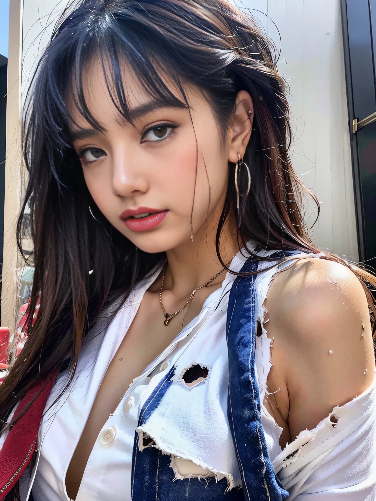 Best Quality, Masterpiece, Solo, __body-parts__, Kim Ji-ni Jennie Face, Ultra High Resolution, , Photos, 1 girl, white shirt, teardrops, (torn clothes:1.5), (wet clothes:1.4), bare shoulders, real rain, wet hair,..
