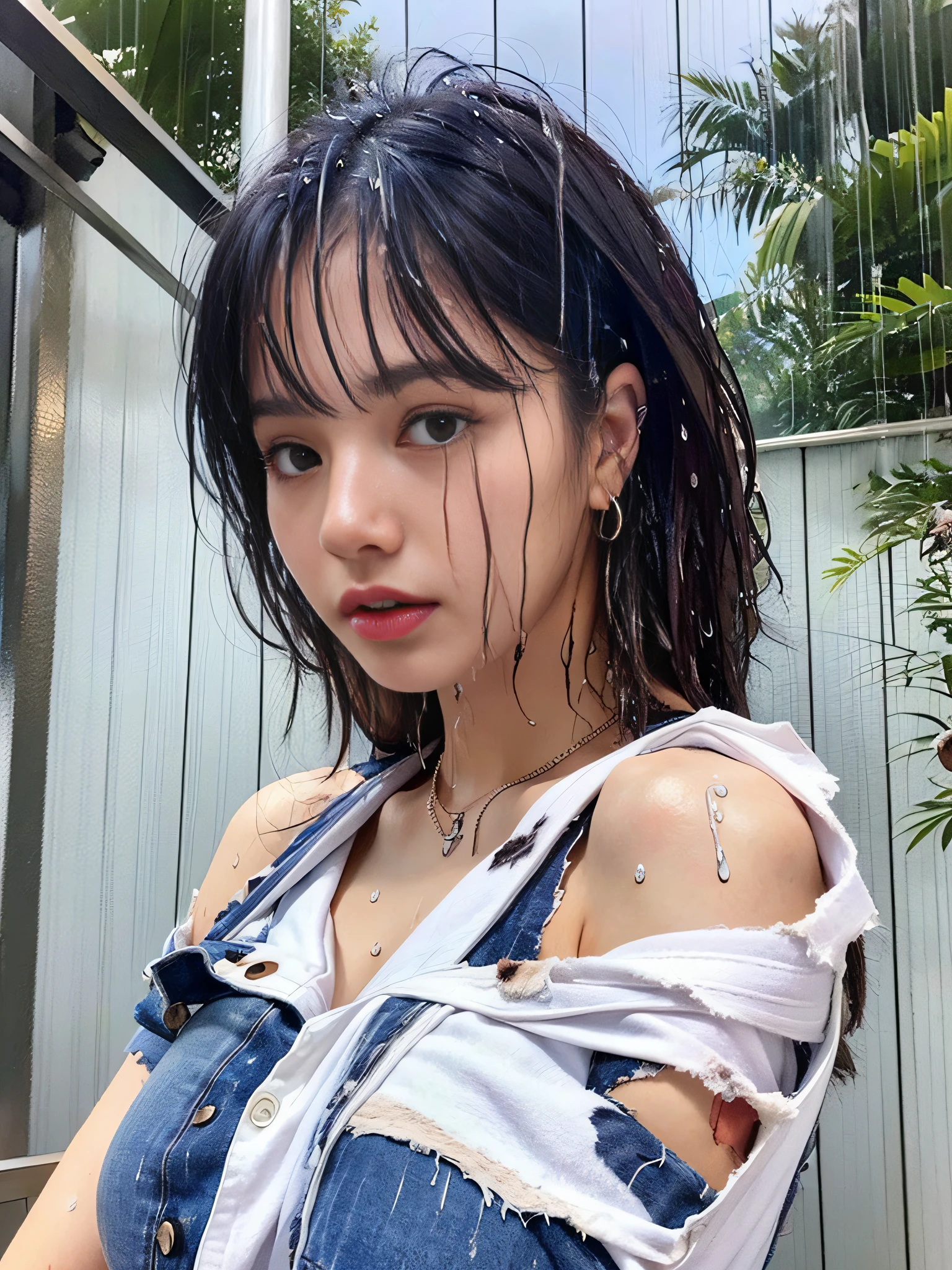 Best Quality, Masterpiece, Solo, __body-parts__, Kim Ji-ni Jennie Face, Ultra High Resolution, , Photos, 1 girl, white shirt, teardrops, (torn clothes:1.5), (wet clothes:1.4), bare shoulders, real rain, wet hair,..