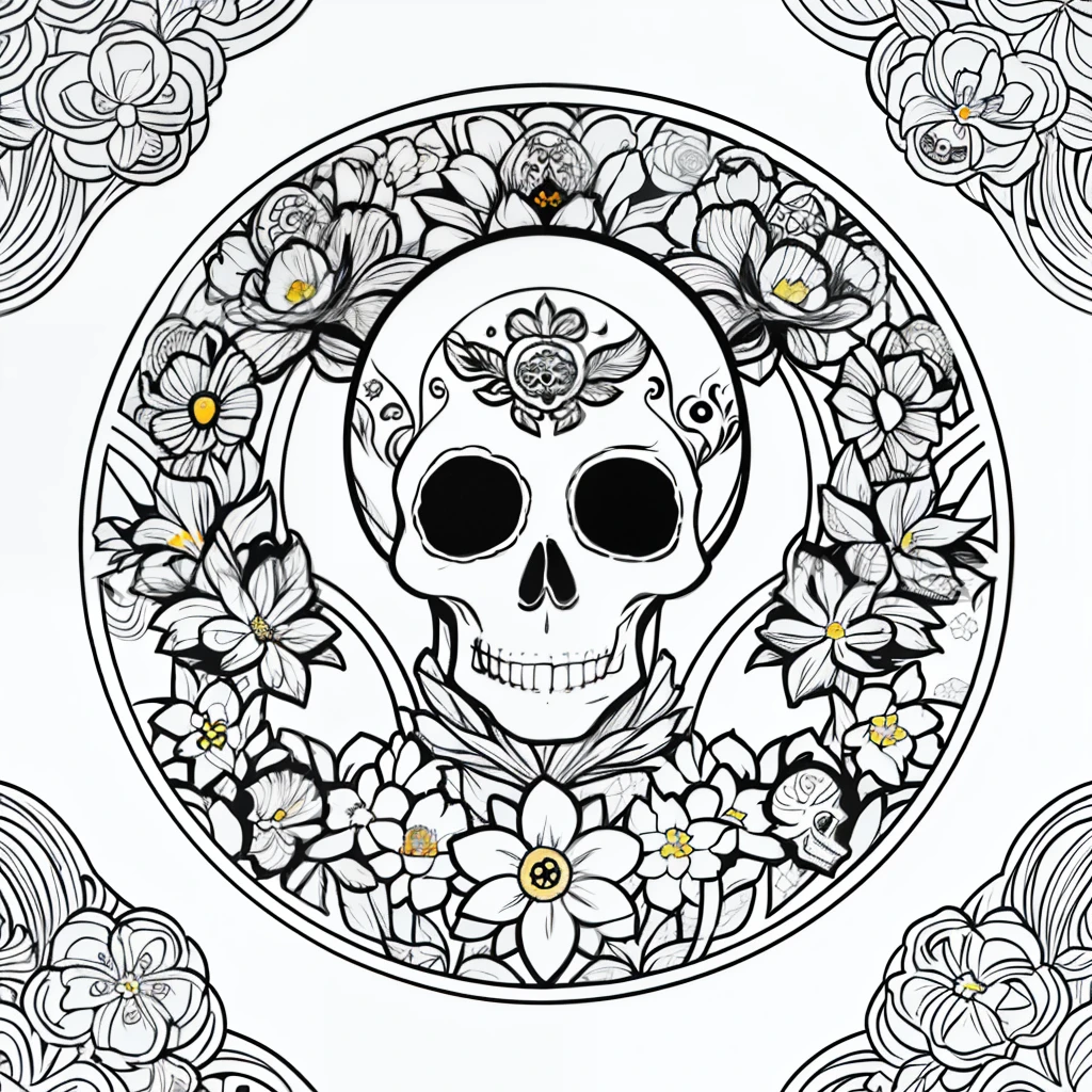 Masterpiece, best quality, (detailed background), high contrast, sugar skull decorated with floral and natural motifs, flower background, drawings of medium and clean lines, talavera type, art nouveau, vector