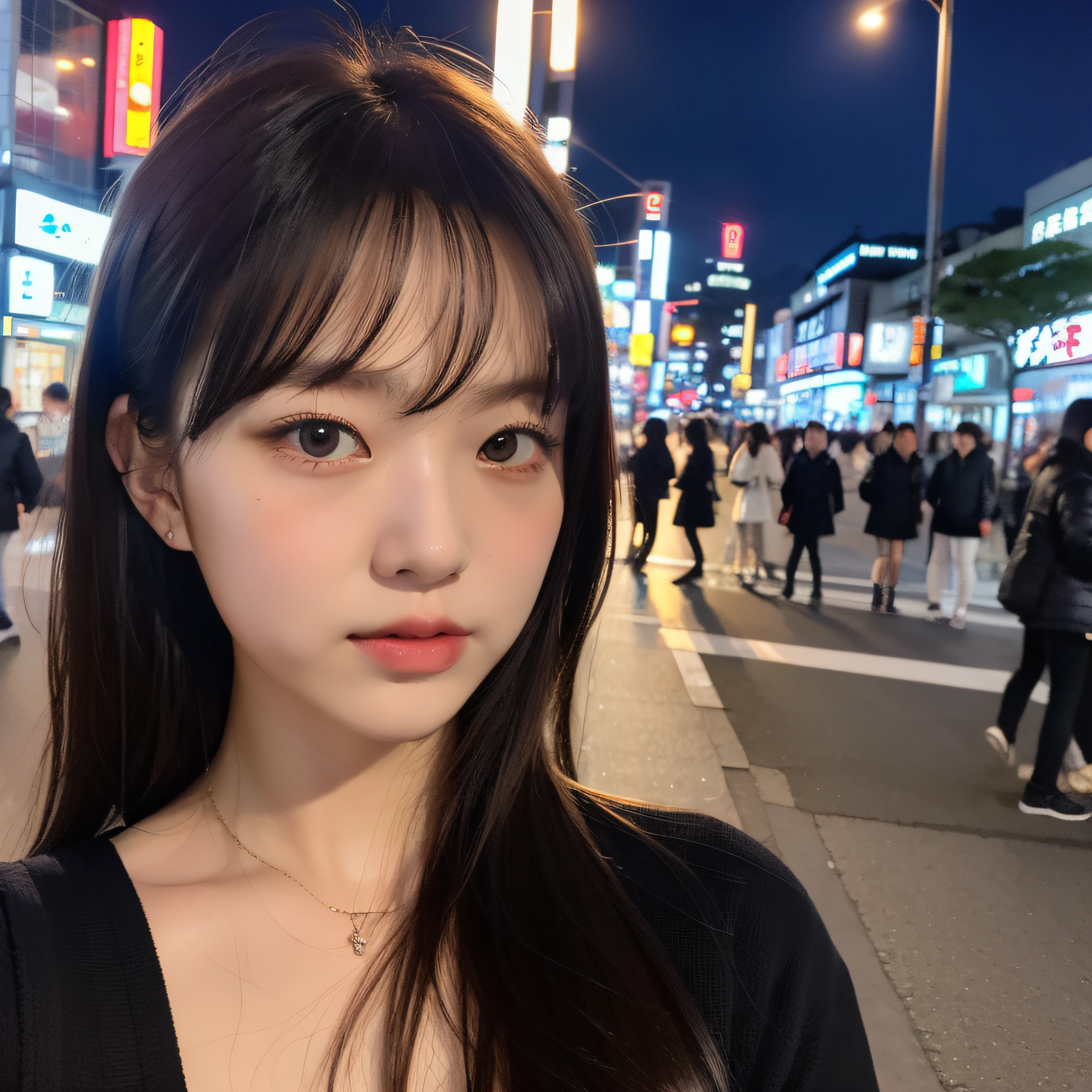 1girl, Tokyo street,night, cityscape,city lights, upper body,close-up, 8k, RAW photo, best quality, masterpiece,realistic, photo-realistic,
