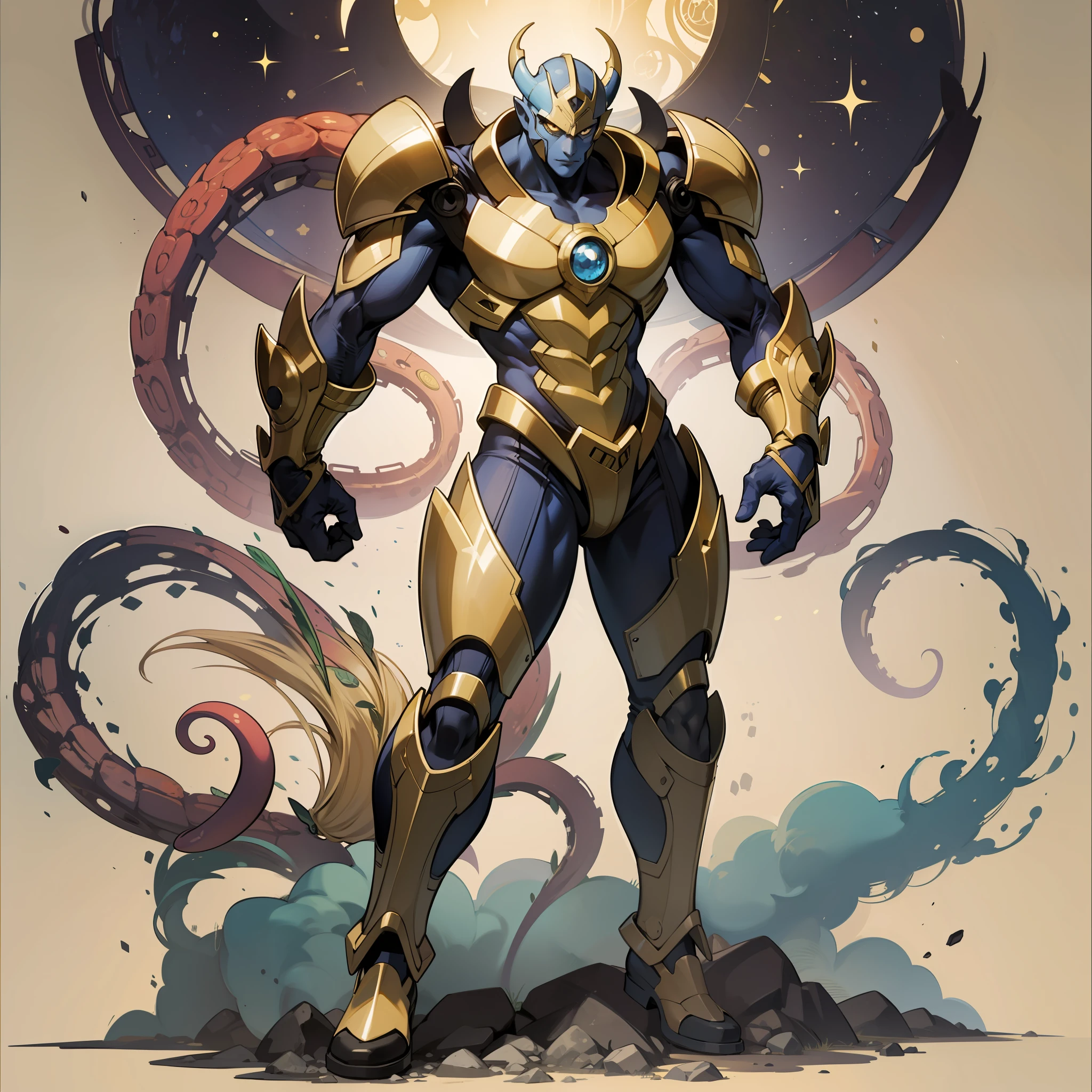 Unusually developed muscular body of black and gold, cartoon alien with tentacle body from arms, beetle shell, cel shade, Guyver style, full body, evil